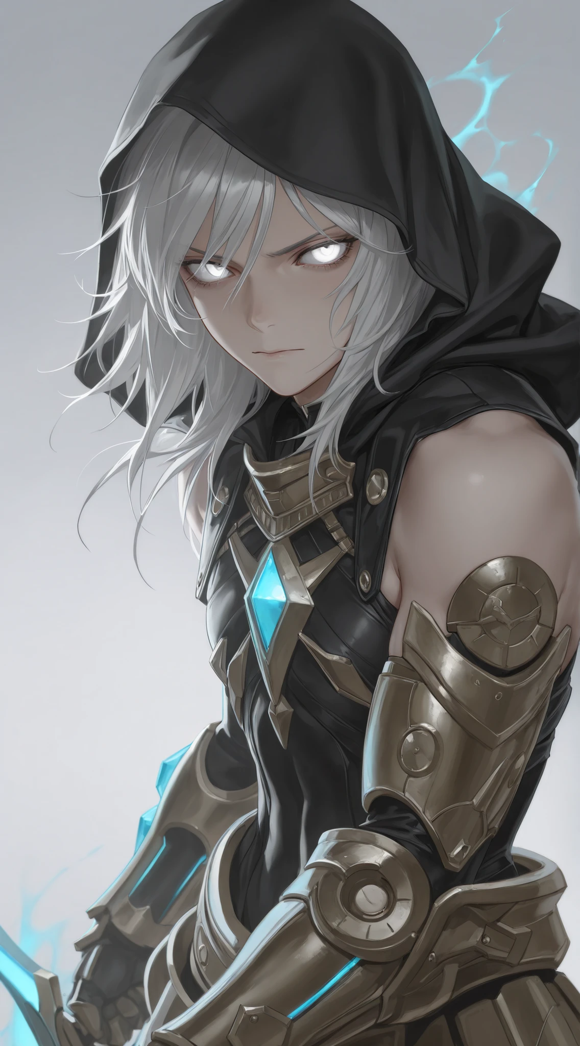 edgNanosuit, science fiction,(face focus, close up shot:1.22), dynamic pose, three quarter shot, mature, flat chest, femboy, (1girl:0.75), solo, effeminate, tomboy, masterpiece, best quality, amazing quality, very aesthetic, high resolution, ultra-detailed, (soft shading, soft shadows, volumetric light:1.14), dramatic lighting, absurdres, (astolfo:0.25), white hair, medium hair, glowing white eyes, protoss, hierarch armour, glare, wristblade, gauntlet, aura, greek clothes, exposed shoulders, rage, Grim Reaper, Grim, hooded cloak,