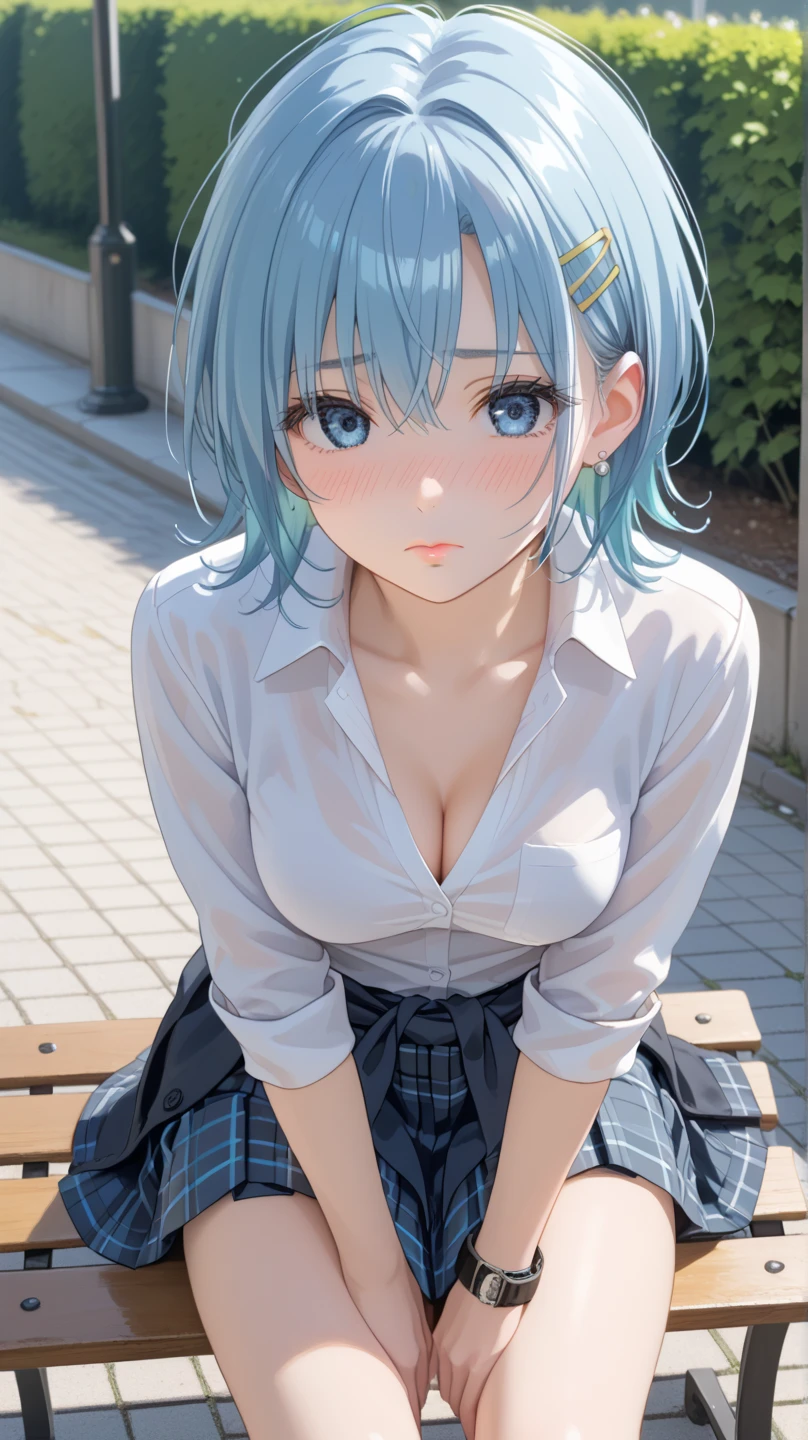 perfection、(sauce_anime, Rei Ayanami, Light blue hair,Reddish brown eyes, Short Hair,, Large Breasts)、Cool look、Professional illustrations、Cinematic lighting、Light and shadow。Detailed face、Detailed eyes。Extremely detailed depiction、(Grey jacket、White blouse、Red ribbon、skirt)、sexy、Browsing Caution、Cowboy Shot、Best Angle、(on the train、Sleeping in a train seat。Eyes closed、night)