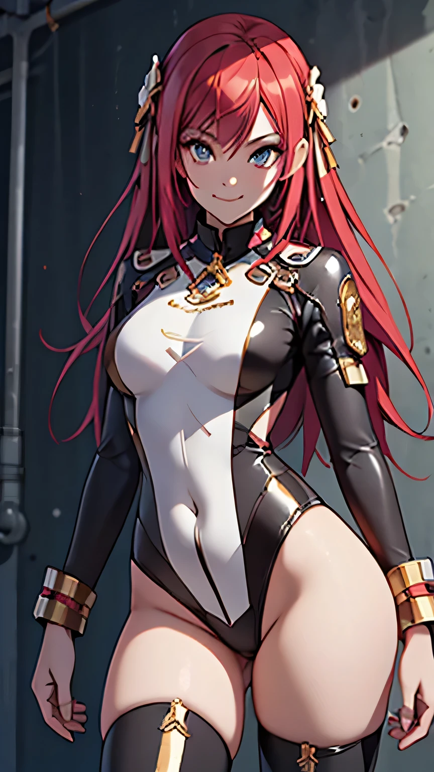 ((最高品質)), ((傑作)), (詳しい), 完璧な顔1girl, solo, breasts, looking at viewer, large breasts, brown hair, red eyes, thighhighs, white background, navel, orange hair, clenched hands, personification, mecha musume, v-fin