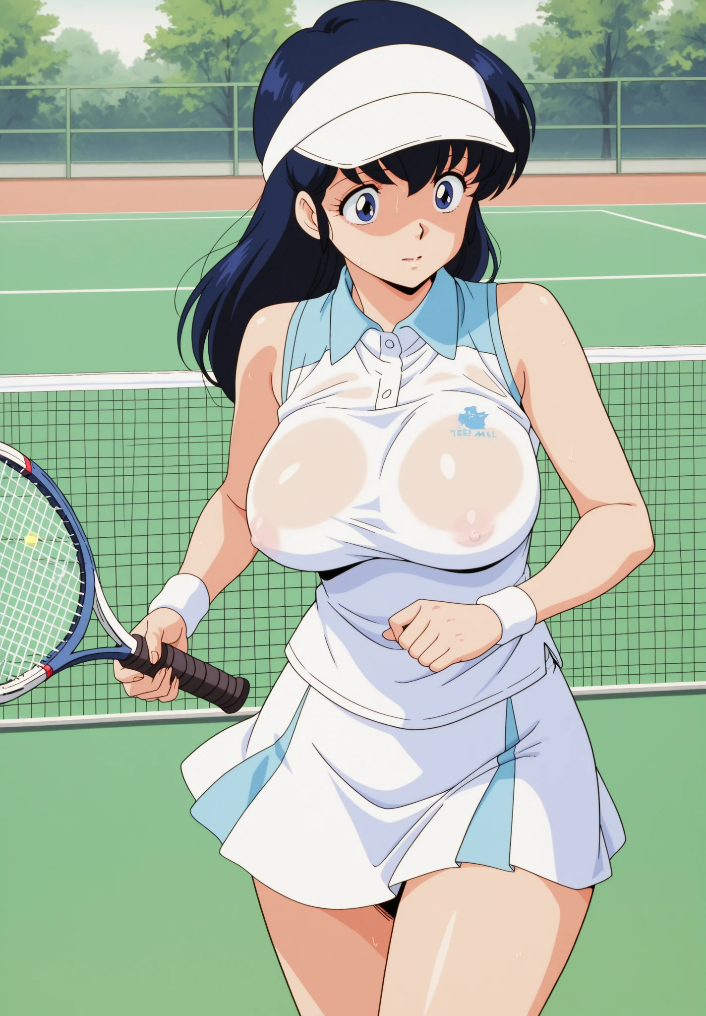 tennis girl's massive nipples out of topless bow tie out bare and wet pants spreading her legs, wearing oven mittens behind head, blindfold