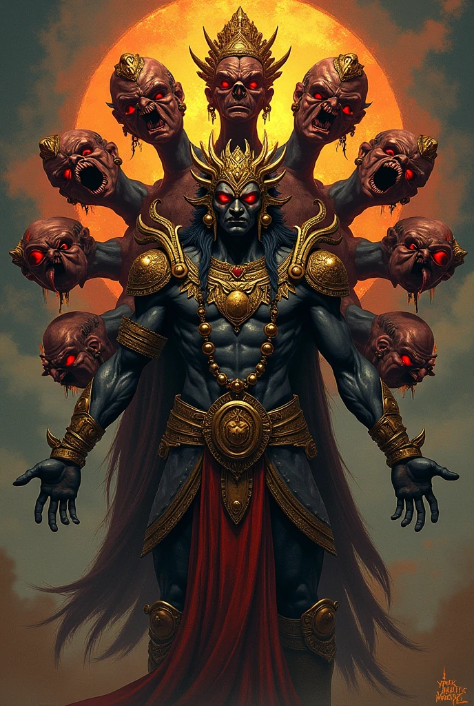 (photorealism:1.2), a demon with one thousand arms and muscular body, laughing confidently, he has different weapons in his hands, he is wearing gold, and is an Indian king, by Greg Rutkowski, by Alphonse Mucha