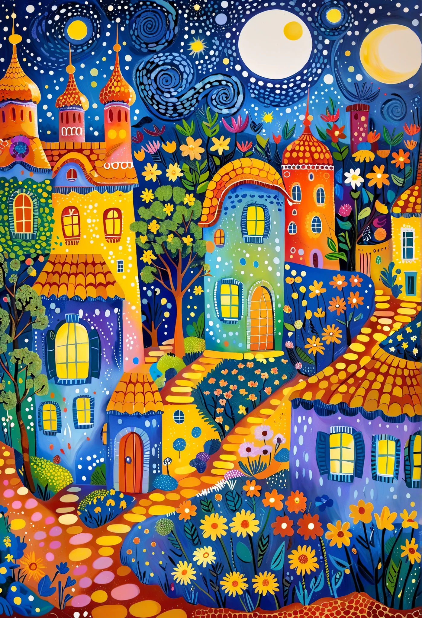 painting depicting a night view of the city and full moon , author:by Camille Bombois, author Jean Hey, Paul Signac (Paul Signac) Inspiration, Inspired by Maurice Denis, Inspired by Michel Delacroix, Starry Night, inspired author:by Camille Bombois, In starry night, Inspired by Georges Lacombe, author Pierre Roy, inspired by Marianne von Verefkin