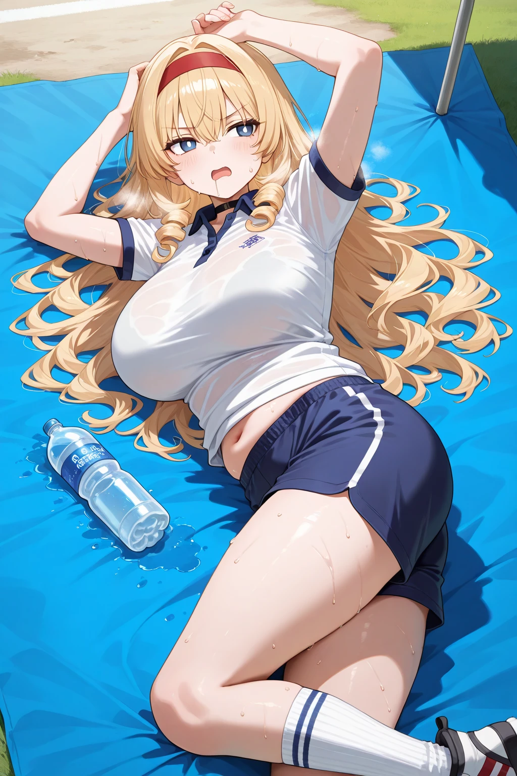 Clothes with intricate details、pattern、swimming clothing、Large Breasts、alone、long golden hair,Sexy、stockings、Short skirt