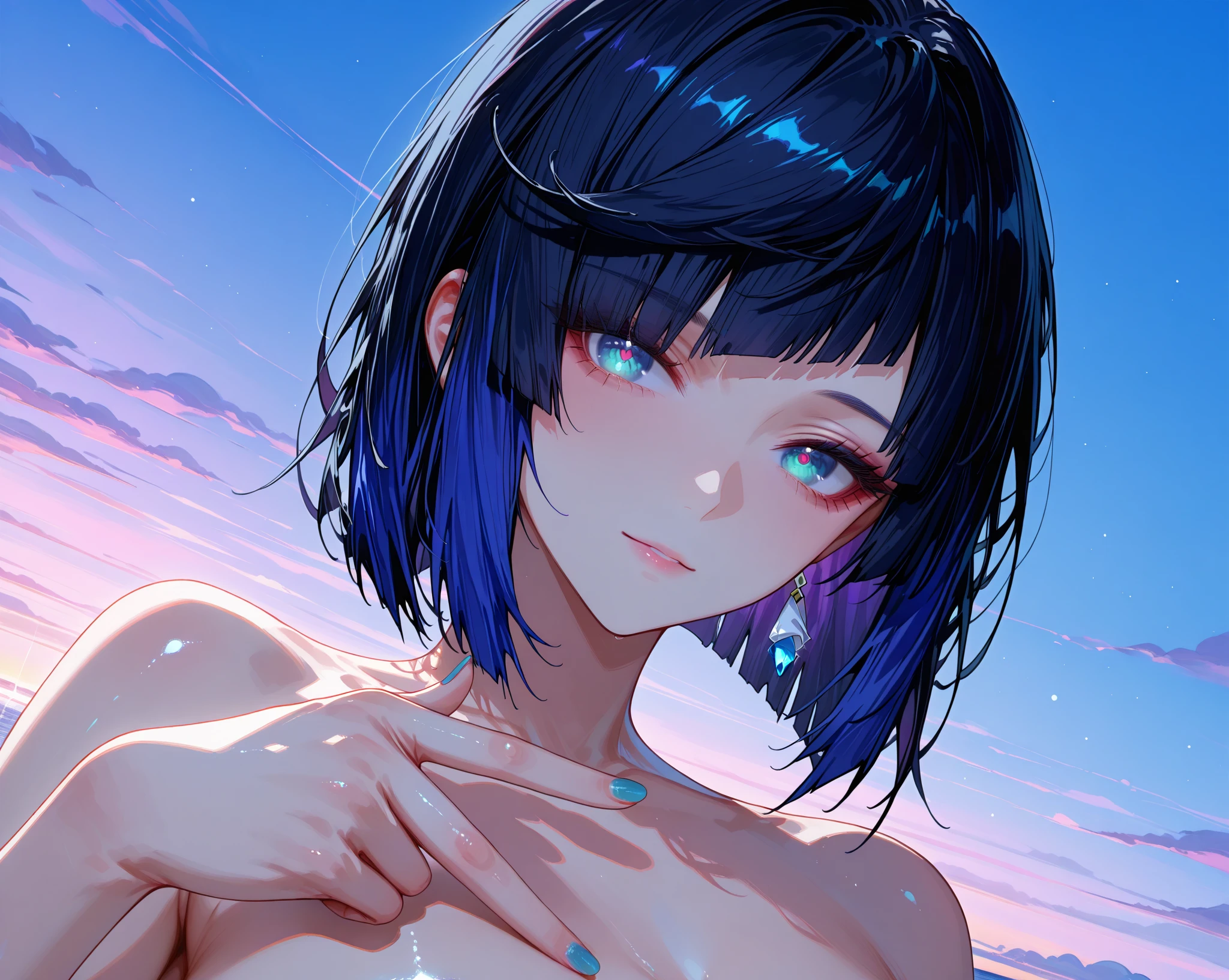 master part, high, high quality, detailed face, Detailed body, full body, slim body, nude, 1girl, solo, hinata hyuuga, blue hair, ponytail hair, nude shoulders, sexy pose, large breasts, dark lips, necklace, bracelet, standing, put your hands on your hips, blushes, night, space, nebula, moon and stars, galaxy