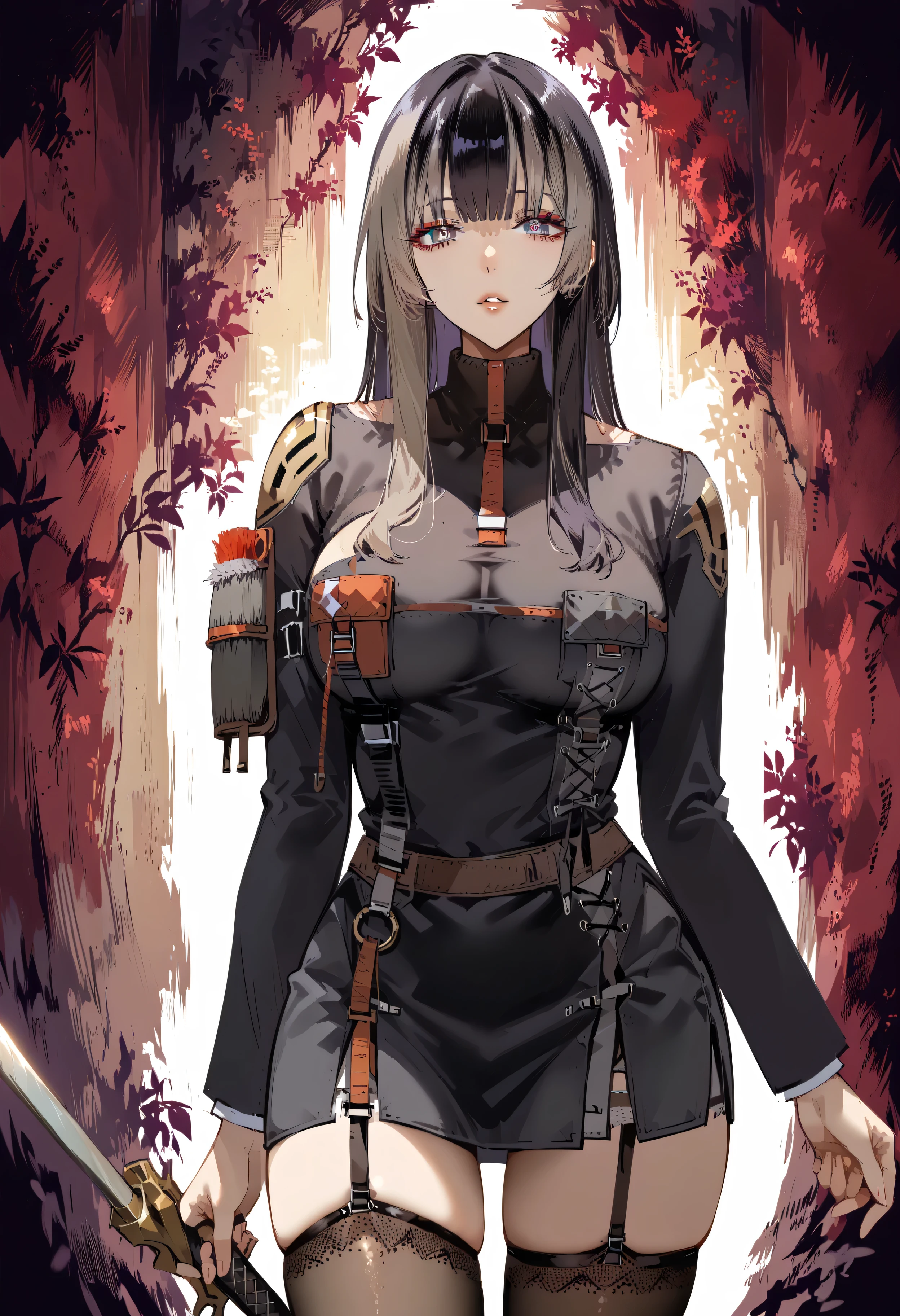 caveの中、、Ruins、Attach a、black suit、Attach a、sword、Japanese sword、black suitを羽織る、black suit、Wear a black jacket、ゴスロリなshirt、Depressed、Tall Woman、A woman in her thirties、 Alassah's woman、Steins;Gate、black suit、score_9, score_8_up, score_7_up, Source_anime,masterpiece、No expression、no makeup、top quality,beautifully detailed eyes in a logistics warehouse, Exquisite Eyes、A sophisticated eye、very detailed eyes and face,unmotivated expression、lethargic face、 long breasts, Female 1, Black Jacketを羽織る、Black Jacket、shirt、miniskirt by kouenn、short skirt , big saggy breasts, shockingly big breasts, big breasts,big boobs、boobs 、Zitoida, makeup、no makeup、long hair、smooth straight hair、black stockings、garter belt to carry a sniper gun、黒のgarter belt to carry a sniper gun、tall woman outdoors at the seaside、Tall Woman、plump thighs、taken from above、Armor, parted lips, shoulder Armor, shining eyes,(fire aura on the right hand),dungeon内、long hair、dark haired、黒い髪、long straight hair、dungeon、cave、Ruins、jungle、standing alone、solo、swordを持っている、soloプレイヤー、red aura、Wear supremacy、 Crimson Aura