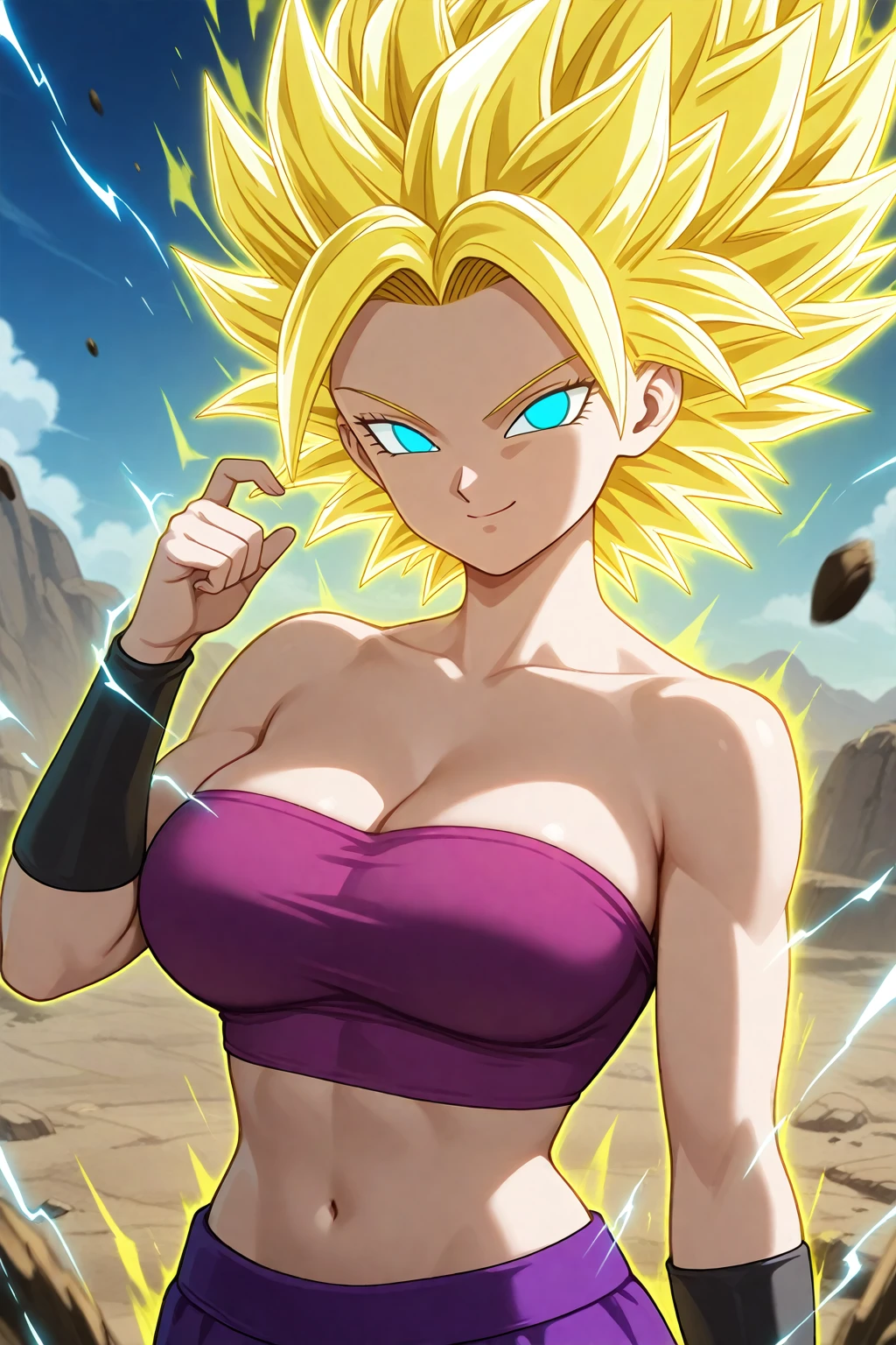 masterpiece, best quality, ssjcaulifla, tube top, (purple pants with yellow stripe:1.2), armbands, cowboy shot, looking at the sky , smile, furrowed eyebrow, red sky, black clouds, huge breasts, underboob