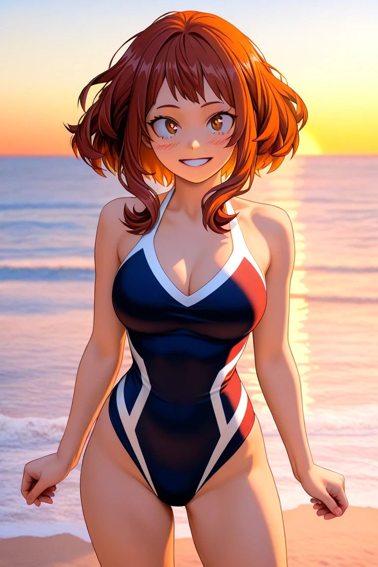 (((masterpiece、Highest image quality、highest quality、highly detailed unity 8kwallpaper)))、((Illustration of one girl))、((orange hair、side pony、orange eyes))、swimsuit、sandy beach