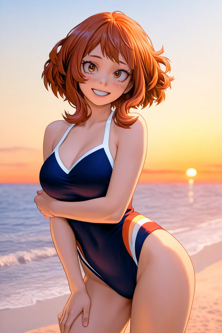 girl, alone, short hair, Bronze colored hair, thin, Misaka sister,Yellow ultra-high leg one-piece swimsuit Large rectangular glasses on the forehead, Beach