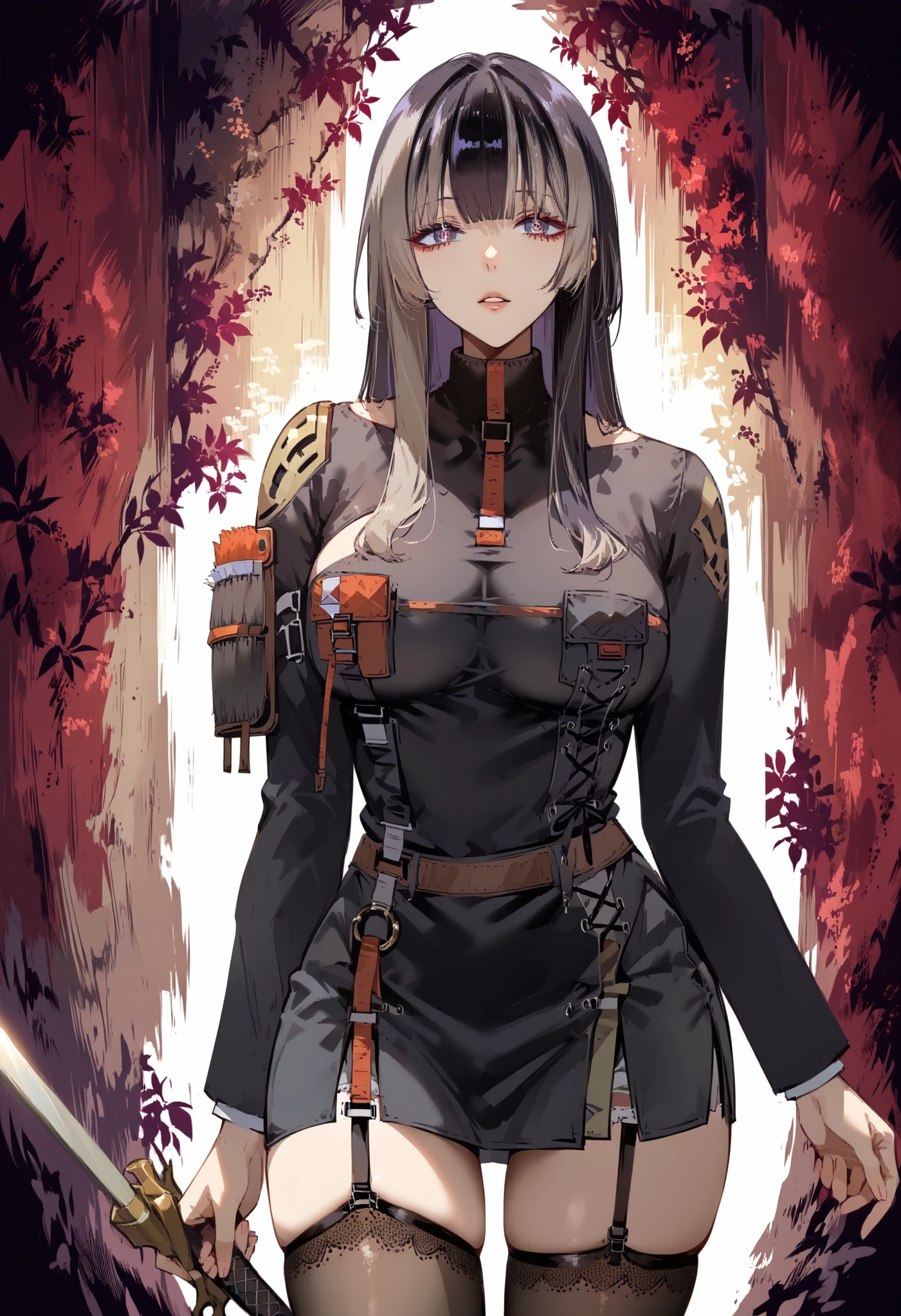 caveの中、、Ruins、Attach a、black suit、Attach a、sword、Japanese sword、black suitを羽織る、black suit、Wear a black jacket、ゴスロリなshirt、Depressed、Tall Woman、A woman in her thirties、 Alassah's woman、Steins;Gate、black suit、score_9, score_8_up, score_7_up, Source_anime,masterpiece、No expression、no makeup、top quality,beautifully detailed eyes in a logistics warehouse, Exquisite Eyes、A sophisticated eye、very detailed eyes and face,unmotivated expression、lethargic face、 long breasts, Female 1, Black Jacketを羽織る、Black Jacket、shirt、miniskirt by kouenn、short skirt , big saggy breasts, shockingly big breasts, big breasts,big boobs、boobs 、Zitoida, makeup、no makeup、long hair、smooth straight hair、black stockings、garter belt to carry a sniper gun、黒のgarter belt to carry a sniper gun、tall woman outdoors at the seaside、Tall Woman、plump thighs、taken from above、Armor, parted lips, shoulder Armor, shining eyes,(fire aura on the right hand),dungeon内、long hair、dark haired、黒い髪、long straight hair、dungeon、cave、Ruins、jungle、standing alone、solo、swordを持っている、soloプレイヤー、red aura、Wear supremacy、 Crimson Aura