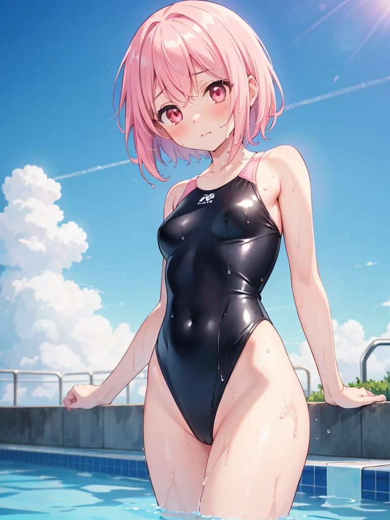 masterpiece、highest quality、Very detailed、Photograph the upper body、1 female、(Arms behind your back:1.4)、Are standing、Turn your body forward、View your viewers、(School Swimsuit)、blush、shy、Pink Hair、Open your mouth、Ocean、Big Breasts、