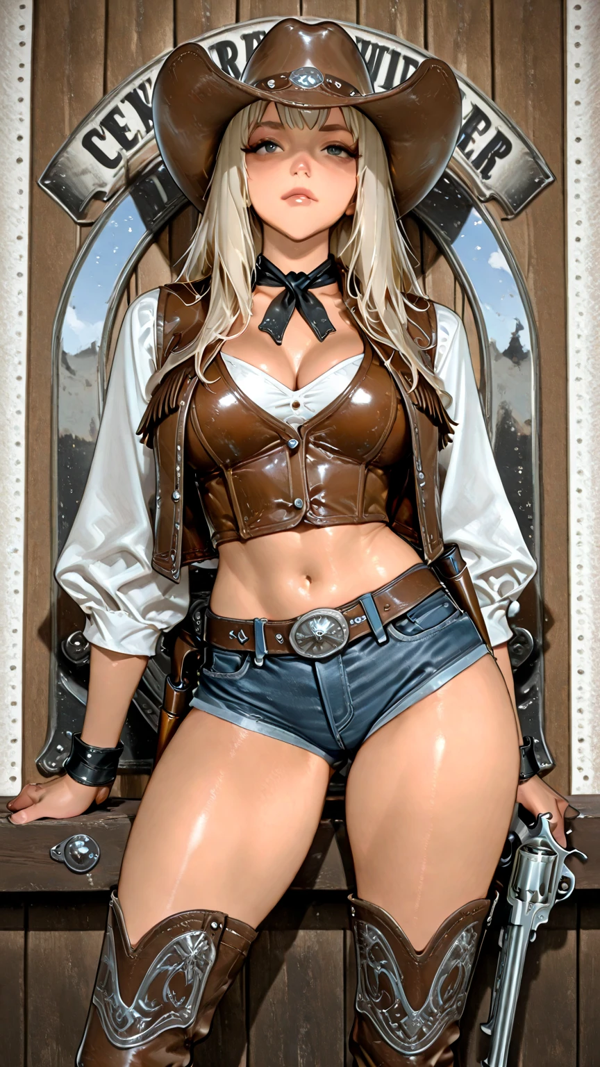 24-year-old Caucasian woman、Hair color is blonde、up hairstyle、eye color is blue、Slender but muscular body、I'm wearing、The navel is out、My abs are cracked、smile、wearing a wristband、I'm wearing low-rise hot pants、I'm wearing short boots、wearing stockings、I'm wearing a hair band、Drinking beer from a mug at a bar、ホルターネックのワンピースI'm wearing