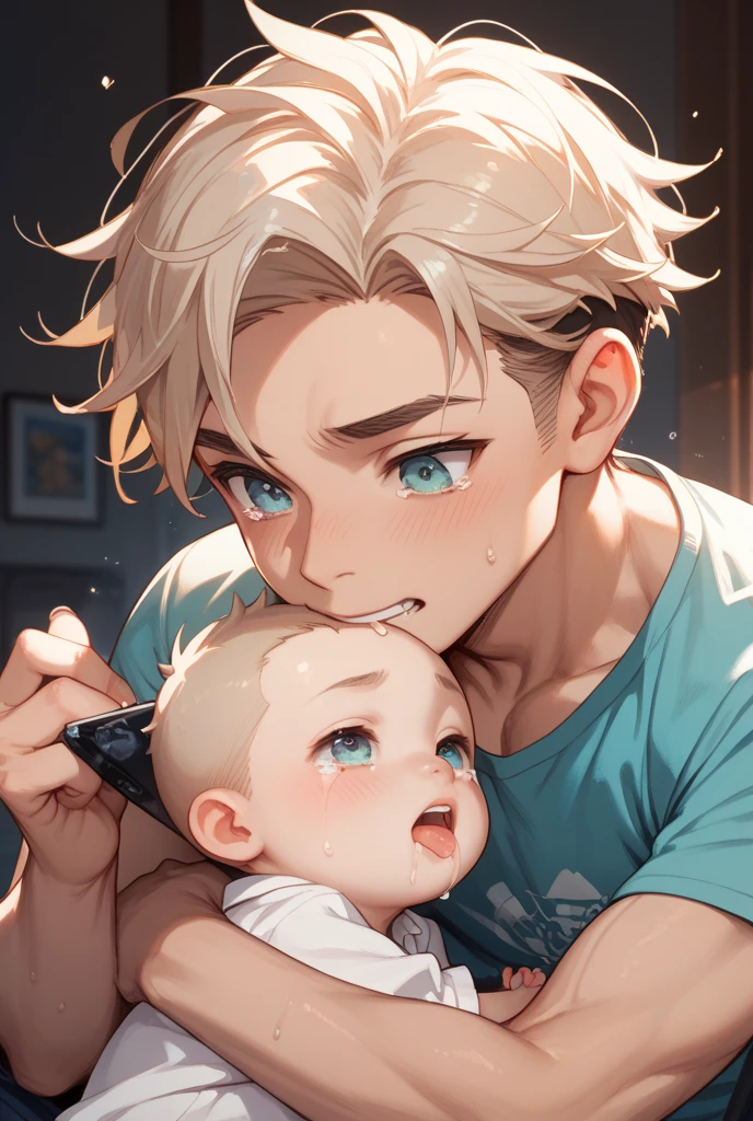 A teenage boy with white hair in a large nursery, holding a baby pacifier, playing with baby toys, wearing baby clothes, drooling, wearing a diaper, sleeping in a crib, holding a stuffed animal, high quality, extremely detailed, highly detailed, masterpiece, soft lighting, warm colors, pastel colors, adorable, cute,
