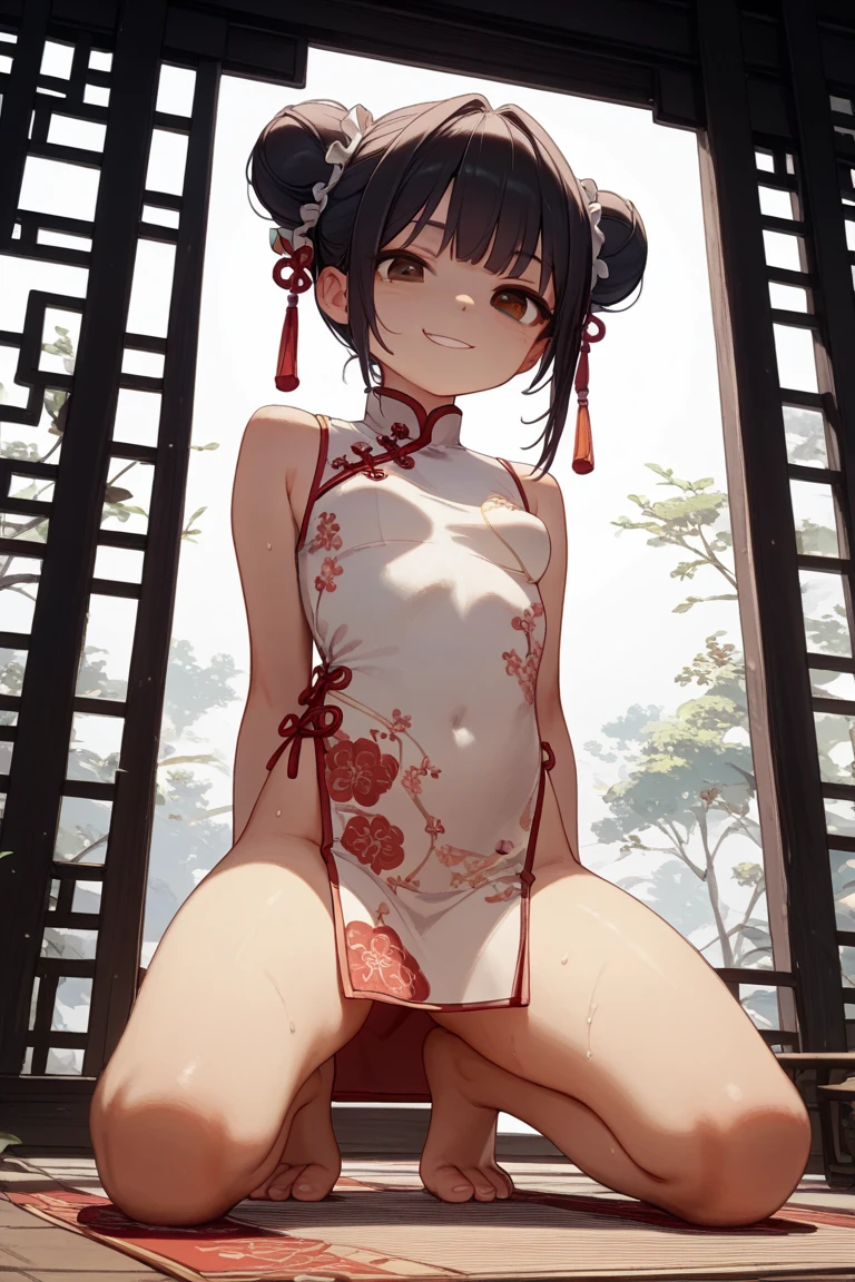 best quality,masterpiece,1girl,solo,(((NSFW))),(((9years old))),japanese girl,an extremely cute and beautiful girl,highly detailed beautiful face and eyes,petit,cute face,lovely face,baby face,shy smile,show teeth,black hair,medium hair bun hair,Hairless pussy,flat chest,skinny,slender,(((wearing a wet thin red floral mini cheongsam))),(((standing in a Chinese garden))),she is looking at the viewer,hands pull off clothes,(undress:1.1),(no panties:1.1),(legs spread wide:1.1),(no bra:1.1)