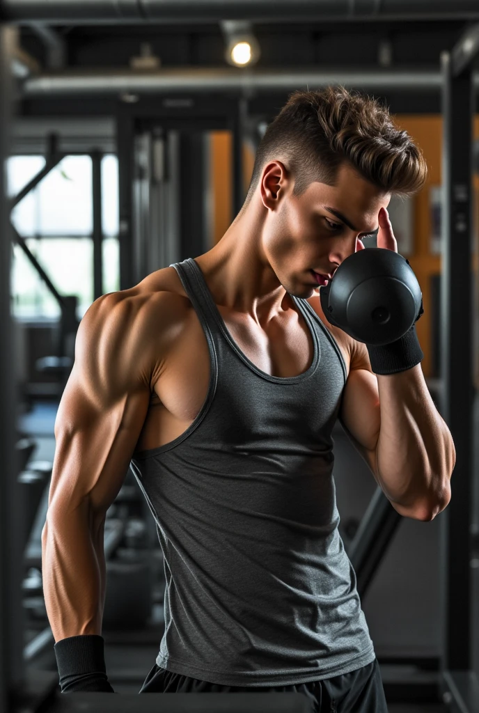 Generates a teenager in underwear carrying weights
