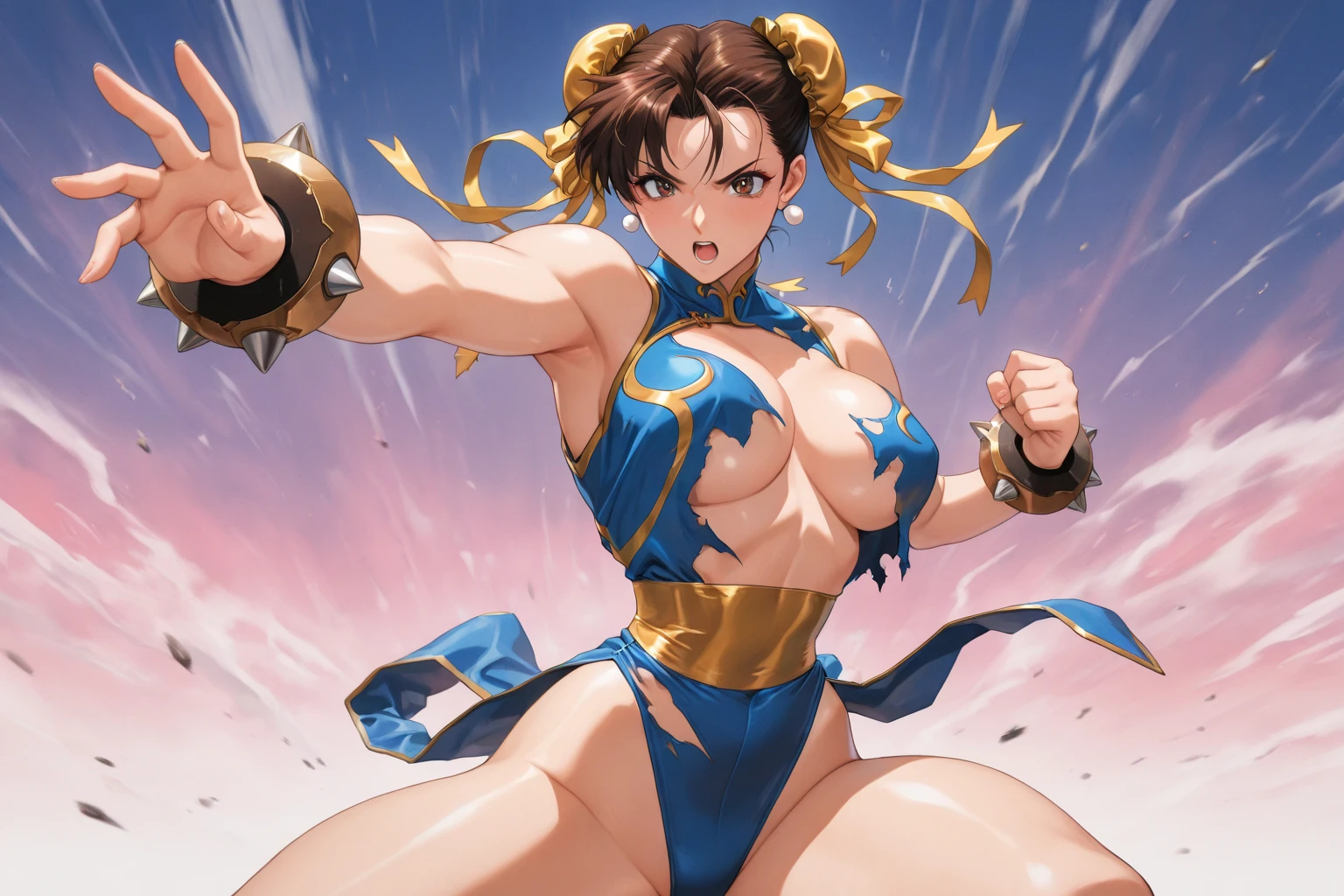 Title logo、Ultra HD、Ultra high definition、Noise Reduction、perfection、Image quality adjustment、Balance Changes、Optimal Lighting、Minor corrections、Detail Correction、beautiful girl、Street Fighter II、I'm going to meet someone stronger than me.、Fighter、((Chunli、Blonde、Chun-Li、Micro Bikini、High leg shorts、Nipple Puffs、Hard erect large nipples、somersault、Somersault Kick:1.3))、Camel Toe、Giant tit、Nipple Puffs、Cleavage、Plump、Super big breasts、Super big butt、Bubble butt、((Super big breasts、Saggy breasts:1.6))、Earrings、Earrings、lipstick、necklace、Thick lips、Heterochromia、Bracelet、Caster wheel、first round、Hair Charm、Lip gloss、Long False Eyelashes、Ahoge、wilderness、、((pose partially visible vulva))