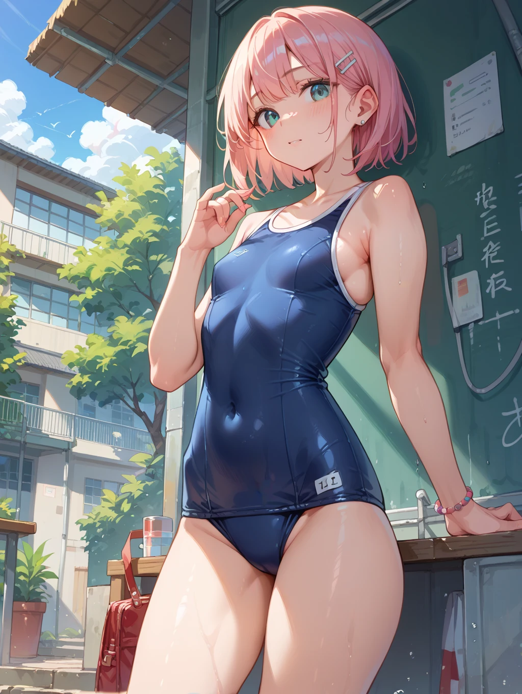((School Swimsuit)), skindentation, skinny, alone, solo, 1 woman, Masterpiece, highest quality, highest quality, 16K, incredibly absurd, highly detailed, 2.5D, ai-generated, delicate and dynamic, very delicate facial expressions, delicate eye depiction, erotic, only sexy woman, ((A cute and kind face)), healthy figure, ((1 woman)), 160cm tall, ((medium firm swaying bust)), medium breasts, (short hair), (pink hair:1.5), bob cut, black eye, blush, Sweat,Embarrassed,sexy, ((thin thighs)), (camel toe:0.7), (visible nipples:0.5), (Erect nipples,:0.7), shiny and lustrous, facing straight at viewer, smile, ((Oily_skin)), dark skin, ((standing)), ((arm at side)), ((Transparent and sparkling costume)),