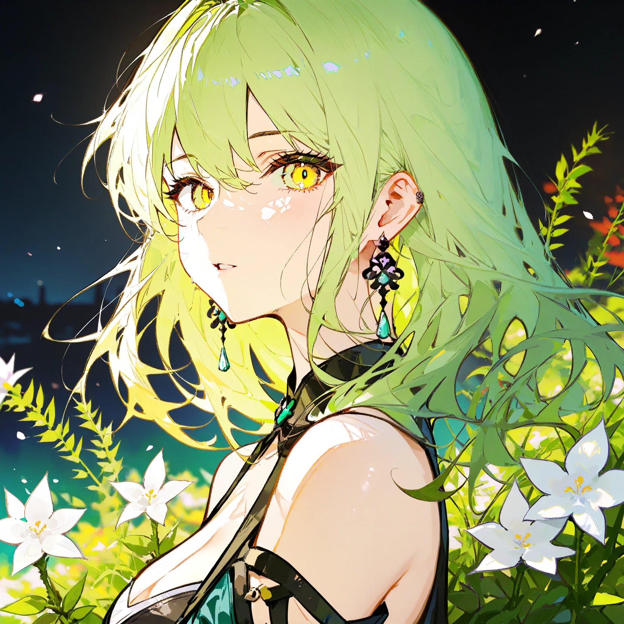 best quality,masterpiece,High resolution,latest,(Narrative work:1.3),
dramatic light,
图像以奇幻的方式呈现了一个女性Character的全身描绘, Stylized . Character, is characterized by large, , expressive yellow eyes, and fair skin, Her green hair is uniquely styled, The character is either illuminated by a spotlight, with gorgeous, plant-like accessories. Character's attire is striking; The blue-green robe dominates, Features an off-the-shoulder design, waist is tight . The dress itself is embroidered with white flowers at the neckline,corset. The character's posture , plus, gives the impression,这个Character要么被聚光灯照亮,background appear to be A field of bright white flowers. The background is red and yellow and white flowers. solo, long hair, looking at viewer, back to viewer, jewelry, bare shoulders, yellow eyes, earrings, parted lips, green hair, medium hair, from side, black shirt, clothing, floating hair, portrait, shoulder,jewel earring ,night sky