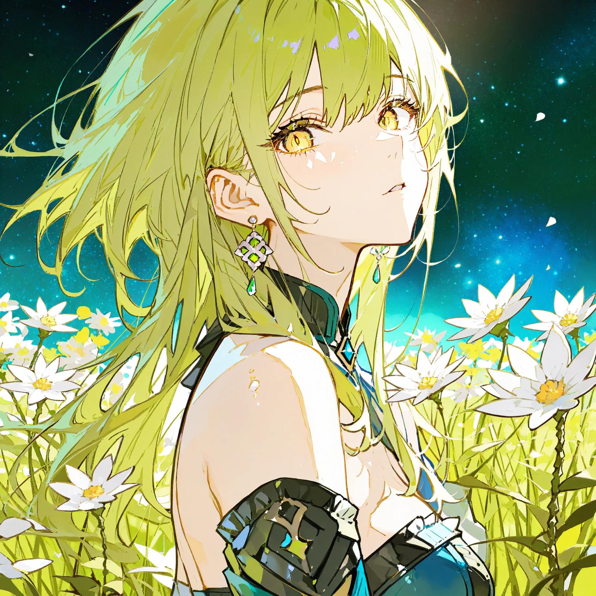 best quality,masterpiece,High resolution,latest,(Narrative work:1.3),
dramatic light,
图像以奇幻的方式呈现了一个女性Character的全身描绘, Stylized . Character, is characterized by large, , expressive yellow eyes, and fair skin, Her green hair is uniquely styled, The character is either illuminated by a spotlight, with gorgeous, plant-like accessories. Character's attire is striking; The blue-green robe dominates, Features an off-the-shoulder design, waist is tight . The dress itself is embroidered with white flowers at the neckline,corset. The character's posture , plus, gives the impression,这个Character要么被聚光灯照亮,background appear to be A field of bright white flowers. The background is red and yellow and white flowers. solo, long hair, looking at viewer, back to viewer, jewelry, bare shoulders, yellow eyes, earrings, parted lips, green hair, medium hair, from side, black shirt, clothing, floating hair, portrait, shoulder,jewel earring ,night sky