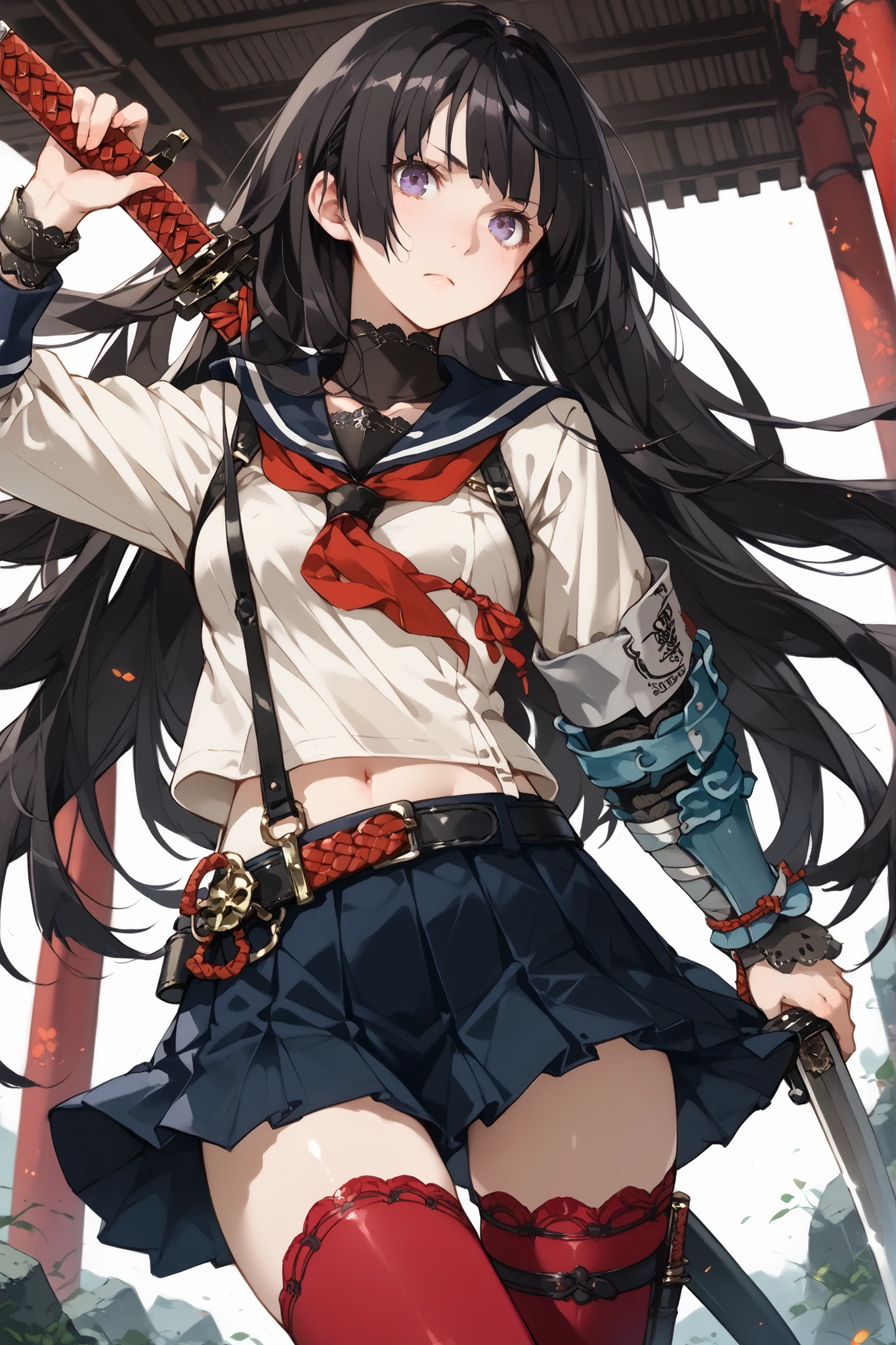 score_9, score_8_up, score_7_up, source_anime,dutch angle, absurdres,
1girl,solo,long hair,black hair,samurai,serafuku,mini skirt,belt,thighhighs,holding katana,