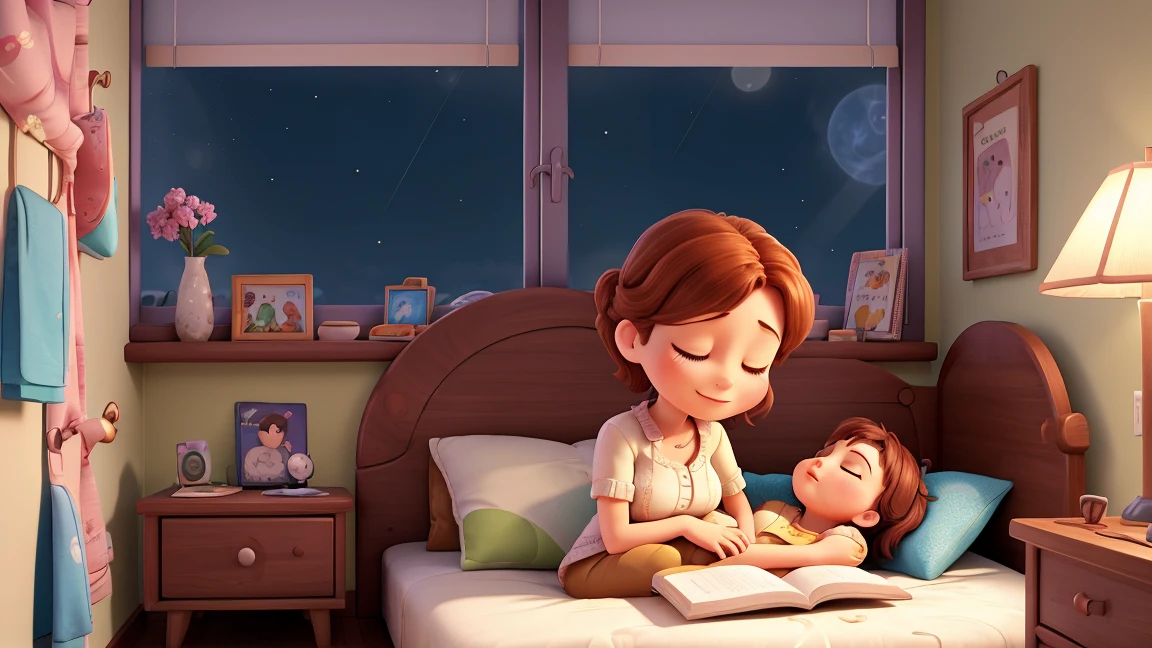 Create a Pixar style image of a scene of a mother at night leaving her daughter&#39;s room taking with her a yellow book  