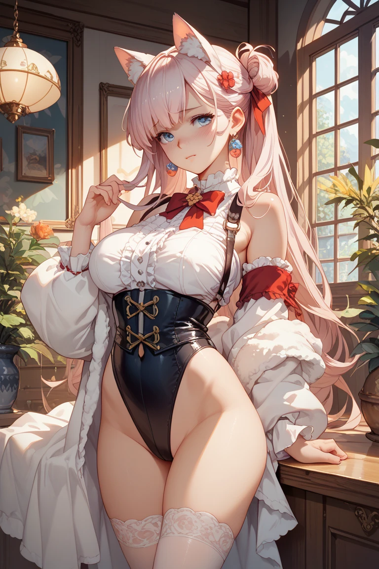 ((((Obra maestra, La mejor calidad, ultrahigh resolution)))), 1girl, sitting, ((pure silver hair, hair over eye)), long hair cut, shiny skin, ((red eyes)), glowing_eyes, neon eyes, (ultra detailed eyes:0.7, beautiful and detailed face, detailed eyes:0.9), ((centered)), smirk, ((wide shot)), facing viewer, ((sea background, bright lighting, summer, sunlight)), large chested, looking at viewer, wide hips, dynamite body, ((perfect hands)), (((head:1, arms, hips in view, elbows, arms, legs, in view))), ((hands behind back)), empty eyes, beautiful lighting, ((cool)), ((beautiful)), (((NSFW))), sea, sand, sky, see trough, public hair, wet skin, water, hair ornament, nude, naked, pussy, vagina, nipples, spreading legs, touching pussy, showing pussy, spread_pussy, black bikini top, wide hips, thights, shiny oiled skin, wet, she is wet, sitting, outdoors,