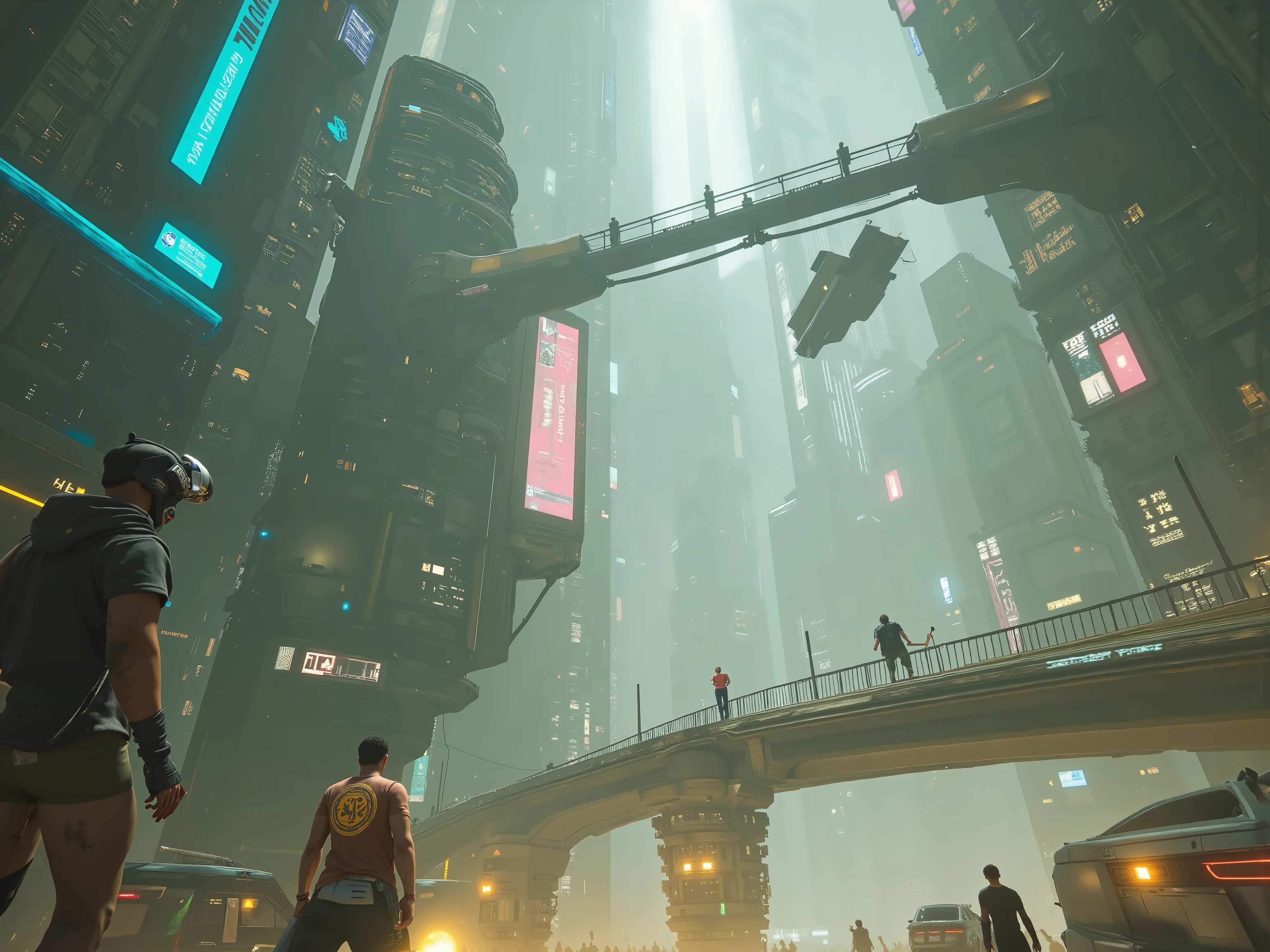 people with VR head-set are on Futuristic 1(best quality,4k,8k,highres,masterpiece:1.2), photorealistic,photo-realistic:1.37)mad-srgns, highly detailed futuristic cybercity, towering skyscrapers with large media screens, gleaming metal and glass buildings, neon lights illuminating the cityscape, flying vehicles soaring through the air, advanced technology and holographic displays, massive bridges connecting the structures, bustling streets filled with pedestrians and autonomous cars, lush greenery and parks interspersed between the modern architecture. Out of nowhere, a giant war spacecraft comes into view and starts to destroy people and property with advanced laser weaponry. Smaller ships with machine guns pepper the running crowds of people with hundreds of thousands of bullets.People run for their lives, terrified! It is a massacre. Rebels with rocket launchers can be seen here and there, fighting back. Ultra-detailed, ultra-realistic, photo-realistic, cinematic photography, cinematic lighting, cinematic portrait, portrait photography, cinematography, cinematic, realistic, best quality images, masterpiece., t, their clothes are all different , look around, with black glove, the street is really crowded and joyful, with open spaces
People walking leisurely under a futuristic sunlight streams , metalic, moderntic, cave-like, very cutting edge atmosphere, three people are in the picture, but all of them in the picture use VR headsets