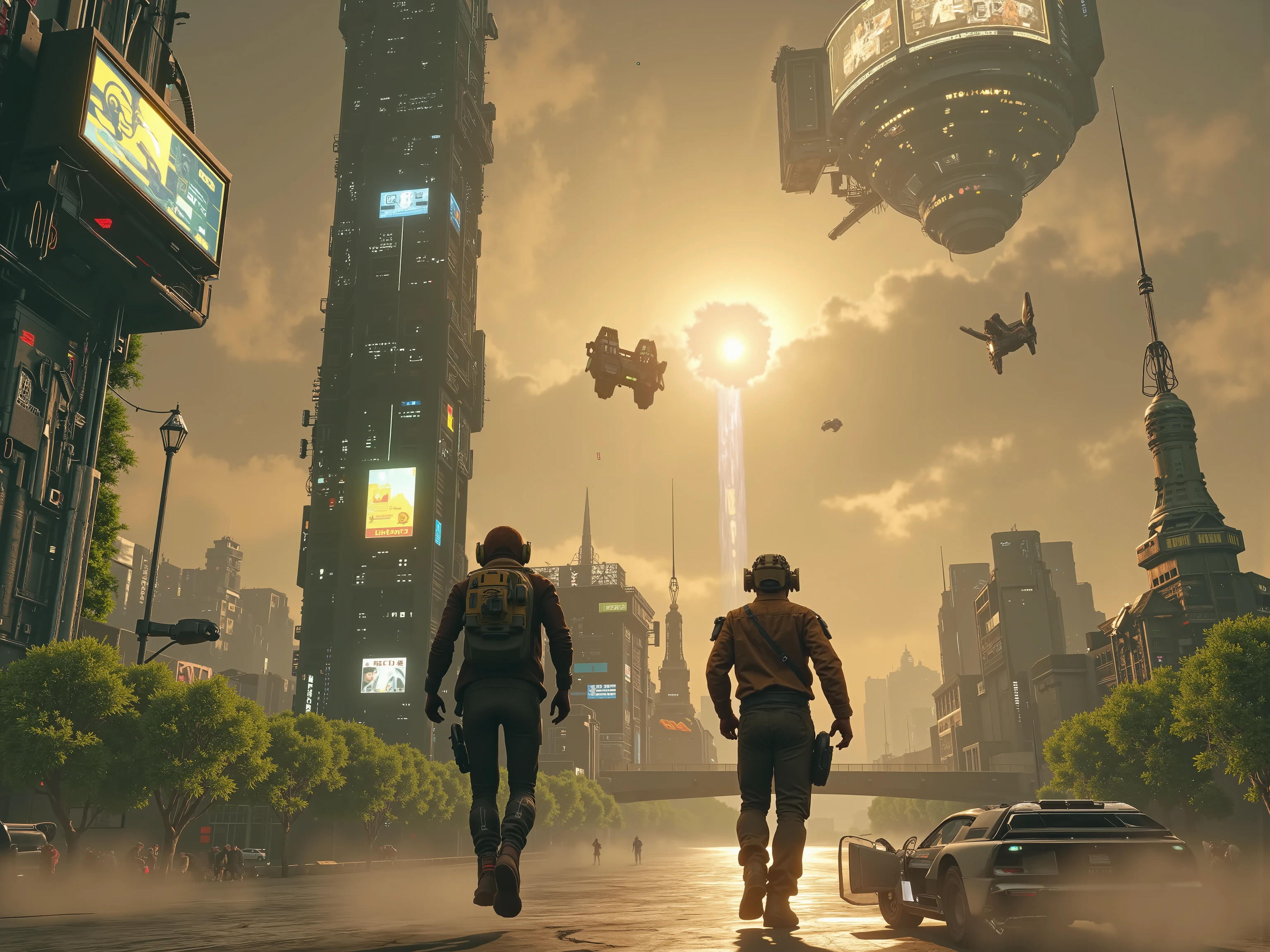 people with VR head-set are on Futuristic 1(best quality,4k,8k,highres,masterpiece:1.2), photorealistic,photo-realistic:1.37)mad-srgns, highly detailed futuristic cybercity, towering skyscrapers with large media screens, gleaming metal and glass buildings, neon lights illuminating the cityscape, flying vehicles soaring through the air, advanced technology and holographic displays, massive bridges connecting the structures, bustling streets filled with pedestrians and autonomous cars, lush greenery and parks interspersed between the modern architecture. Out of nowhere, a giant war spacecraft comes into view and starts to destroy people and property with advanced laser weaponry. Smaller ships with machine guns pepper the running crowds of people with hundreds of thousands of bullets.People run for their lives, terrified! It is a massacre. Rebels with rocket launchers can be seen here and there, fighting back. Ultra-detailed, ultra-realistic, photo-realistic, cinematic photography, cinematic lighting, cinematic portrait, portrait photography, cinematography, cinematic, realistic, best quality images, masterpiece., t, their clothes are all different , look around, with black glove, the street is really crowded and joyful,  with open spaces
 People walking leisurely under a futuristic sunlight streams ,  metalic, moderntic, cave-like, very cutting edge atmosphere,  three people are in the picture, but all of them in the picture use VR headsets