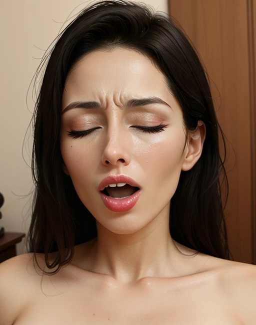 Tabletop,Awards - Winning Photos, Very detailed, Edge Orgasm, Woman with open mouth and closed eyes , Skin shiny with sweat、Lighting that highlights the shine of sweat{{{Spread the word }}}, Black-haired、Browsing Caution,{{{{A large male audience}}}},(Realistic C-shaped elongated nostrils)、Symmetrical nostrils,Dark Gray Background,(((Face close-up)))
