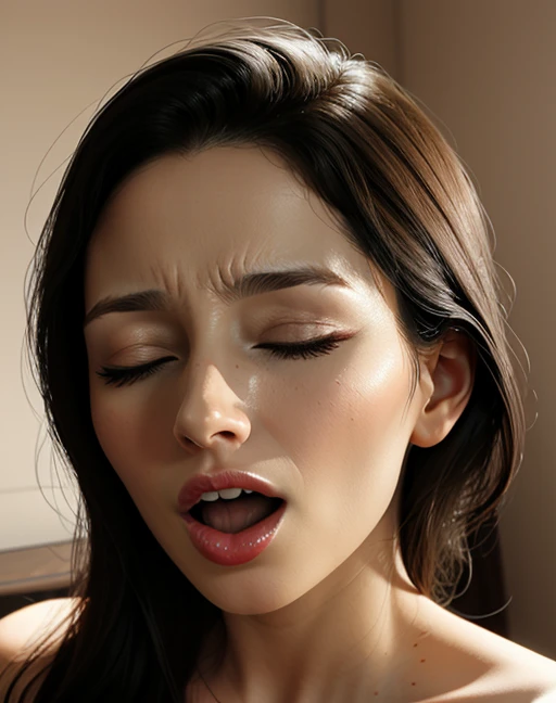 Tabletop,Award-winning photo, Very detailed, Edge Orgasm, Woman with open mouth and closed eyes , Skin shiny with sweat、Lighting that highlights shiny sweat{{{Spread the word }}}, Black-haired、Browsing Caution,{{{{Crowd of male spectators}}}},(Long, narrow nostrils)、