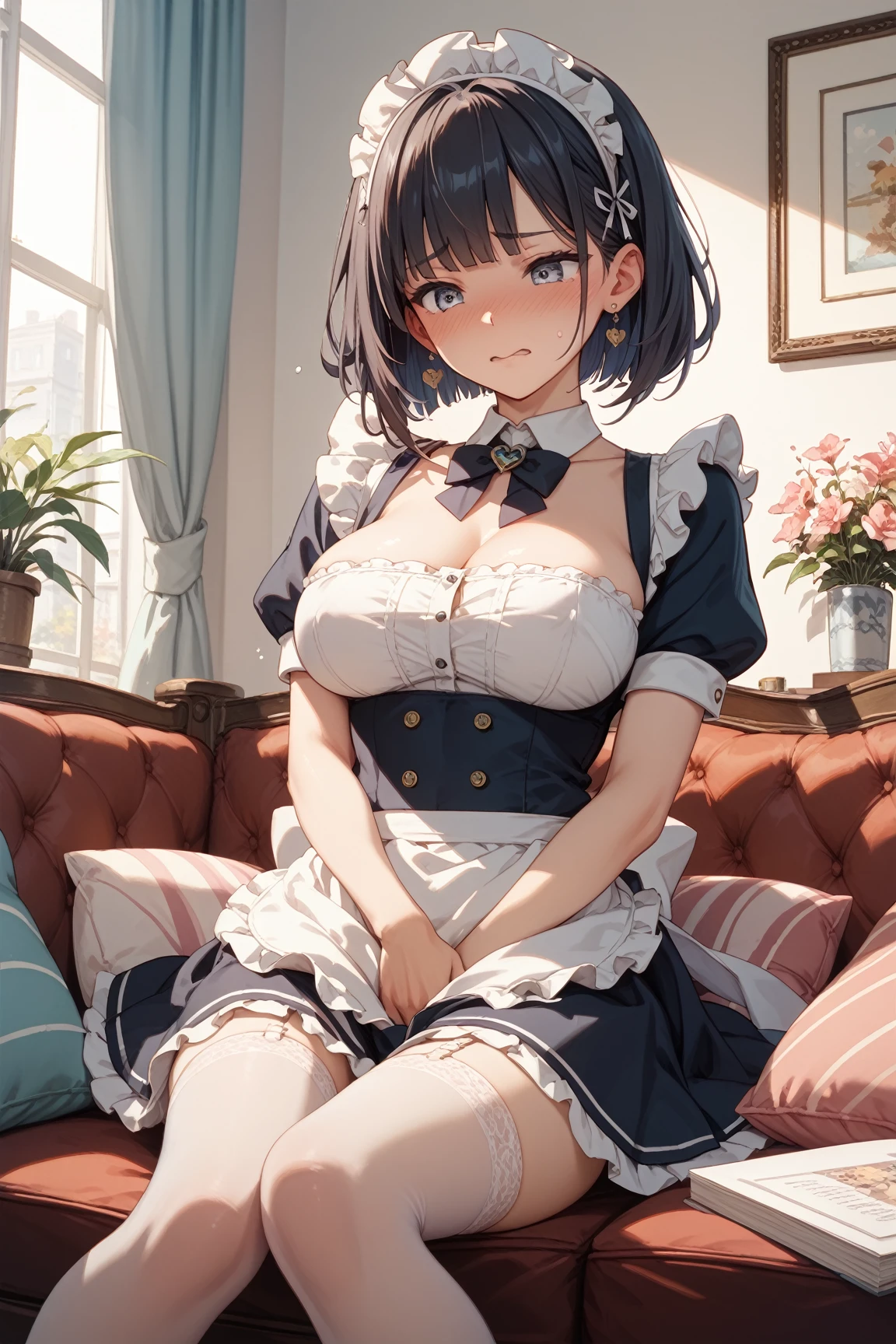 (masterpiece: 1.3), (maximum resolution: 1.2), (ultra high definition tv: 1.2), cinema light, 8K resolution, detailed facial features, focus on face,perfect style, cute face, Accurate, anatomically correct, fine eyes,beautiful目、 shiny skin, Fair skin, Glossy skin、glossy lips、 (embarrassed look: 1.2),woman 、25 years old, exposed cleavage、, beautiful, (skirt lift:1.4), loose and wrinkled white panties, stockings, blush、humiliation、impatience、tears、embarrassing、surprised expression、expression of anger、disgusting face、 (Maid clothes:1.1)、full of sweat、brown black hair、blonde、blue eyes、green ash eye、soaking wet、sperm、乳房のsperm、太ももにsperm、溢れるsperm、exposed panties、disheveled clothes、short hair、late night、Bedroom、bed、sit in、open your legs、open your legs、please open your knees、can enter、milking、masturbation behavior、oral sex、