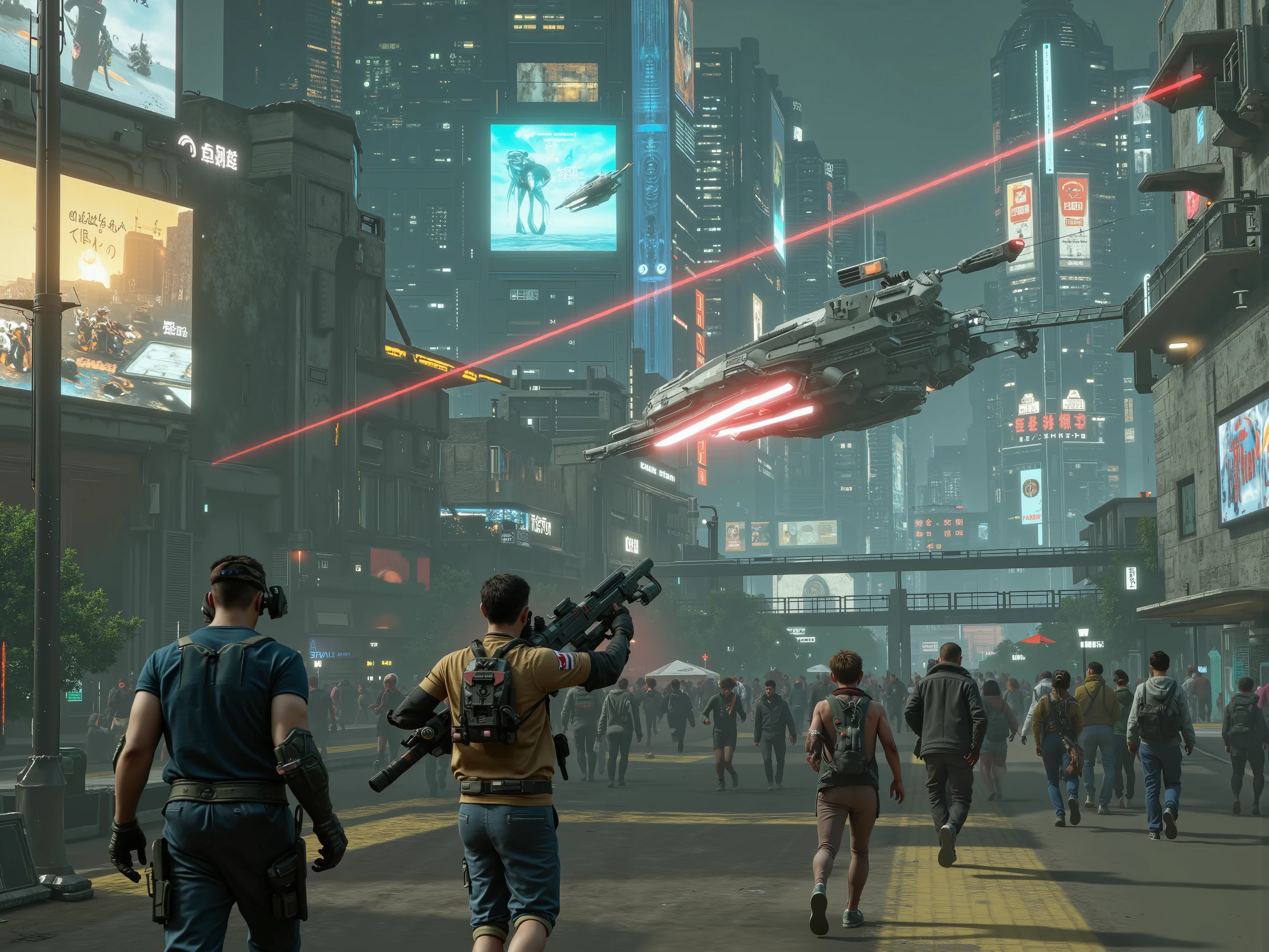 people with VR head-set are on Futuristic 1(best quality,4k,8k,highres,masterpiece:1.2), photorealistic,photo-realistic:1.37)mad-srgns, highly detailed futuristic cybercity, towering skyscrapers with large media screens, gleaming metal and glass buildings, neon lights illuminating the cityscape, flying vehicles soaring through the air, advanced technology and holographic displays, massive bridges connecting the structures, bustling streets filled with pedestrians and autonomous cars, lush greenery and parks interspersed between the modern architecture. Out of nowhere, a giant war spacecraft comes into view and starts to destroy people and property with advanced laser weaponry. Smaller ships with machine guns pepper the running crowds of people with hundreds of thousands of bullets.People run for their lives, terrified! It is a massacre. Rebels with rocket launchers can be seen here and there, fighting back. Ultra-detailed, ultra-realistic, photo-realistic, cinematic photography, cinematic lighting, cinematic portrait, portrait photography, cinematography, cinematic, realistic, best quality images, masterpiece., t, their clothes are all different , look around, with black glove, the street is really crowded and joyful,  with open spaces
 People walking leisurely under a futuristic sunlight streams ,  metalic, moderntic, cave-like, very cutting edge atmosphere,  three people are in the picture, but all of them in the picture use VR headsets