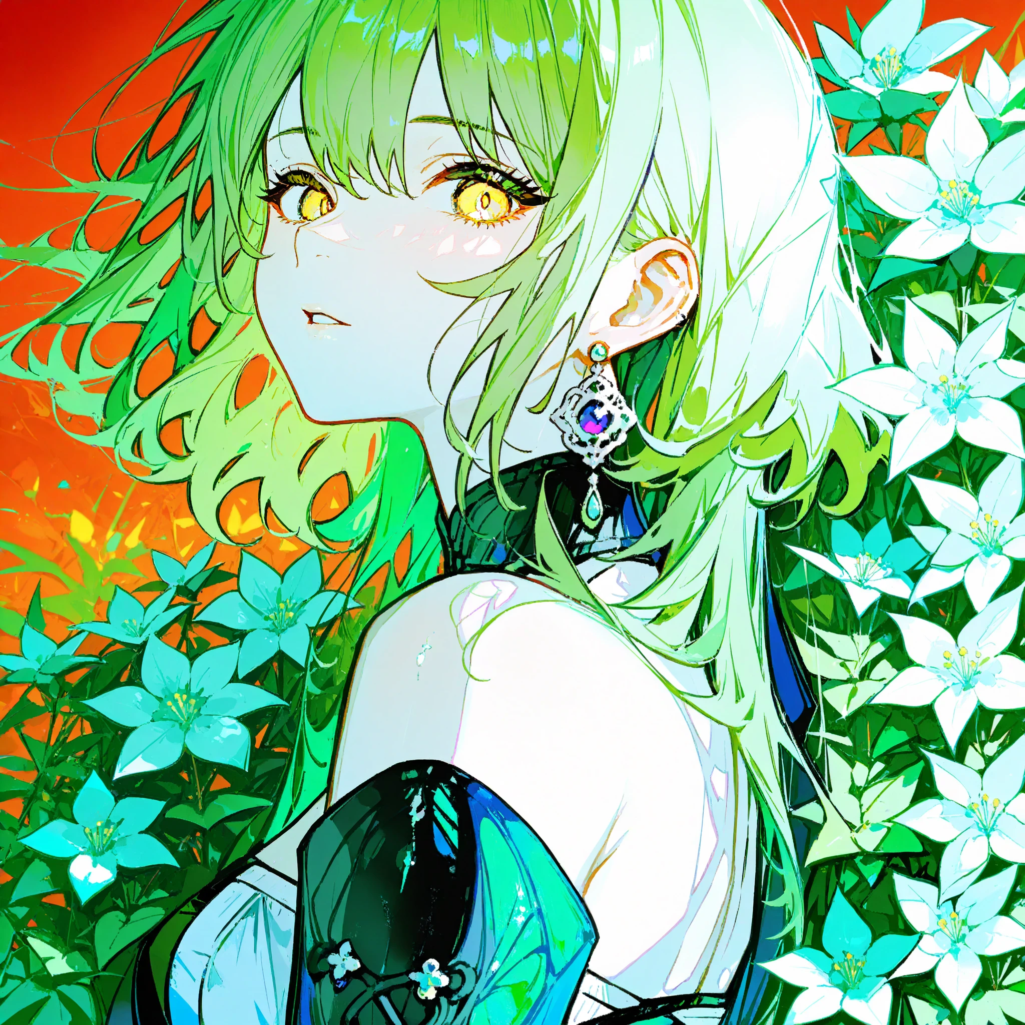 best quality,masterpiece,High resolution,latest,(Narrative work:1.3),
dramatic light,
图像以奇幻的方式呈现了一个女性Character的全身描绘, Stylized . Character, ,is characterized by large, , expressive yellow eyes, and fair skin, Her green hair is uniquely styled, The character is either illuminated by a spotlight, with gorgeous, plant-like accessories. Character's attire is striking; The blue-green robe dominates, Features an off-the-shoulder design, waist is tight . The dress itself is embroidered with white flowers at the neckline,corset. Under the robe, Character的腿穿着黑色长袜,Supported by a sling , suggests a deliberately provocative and seductive style of adventure. The character's posture , plus, gives the impression,这个Character要么被聚光灯照亮,background appear to be A field of bright white flowers. behind her back,The red and yellow background and white flower. solo, long hair, looking at viewer, back to viewer, jewelry, bare shoulders, yellow eyes, earrings, parted lips, green hair, medium hair, from side, black shirt, clothing, floating hair, portrait, shoulder,jewel earring