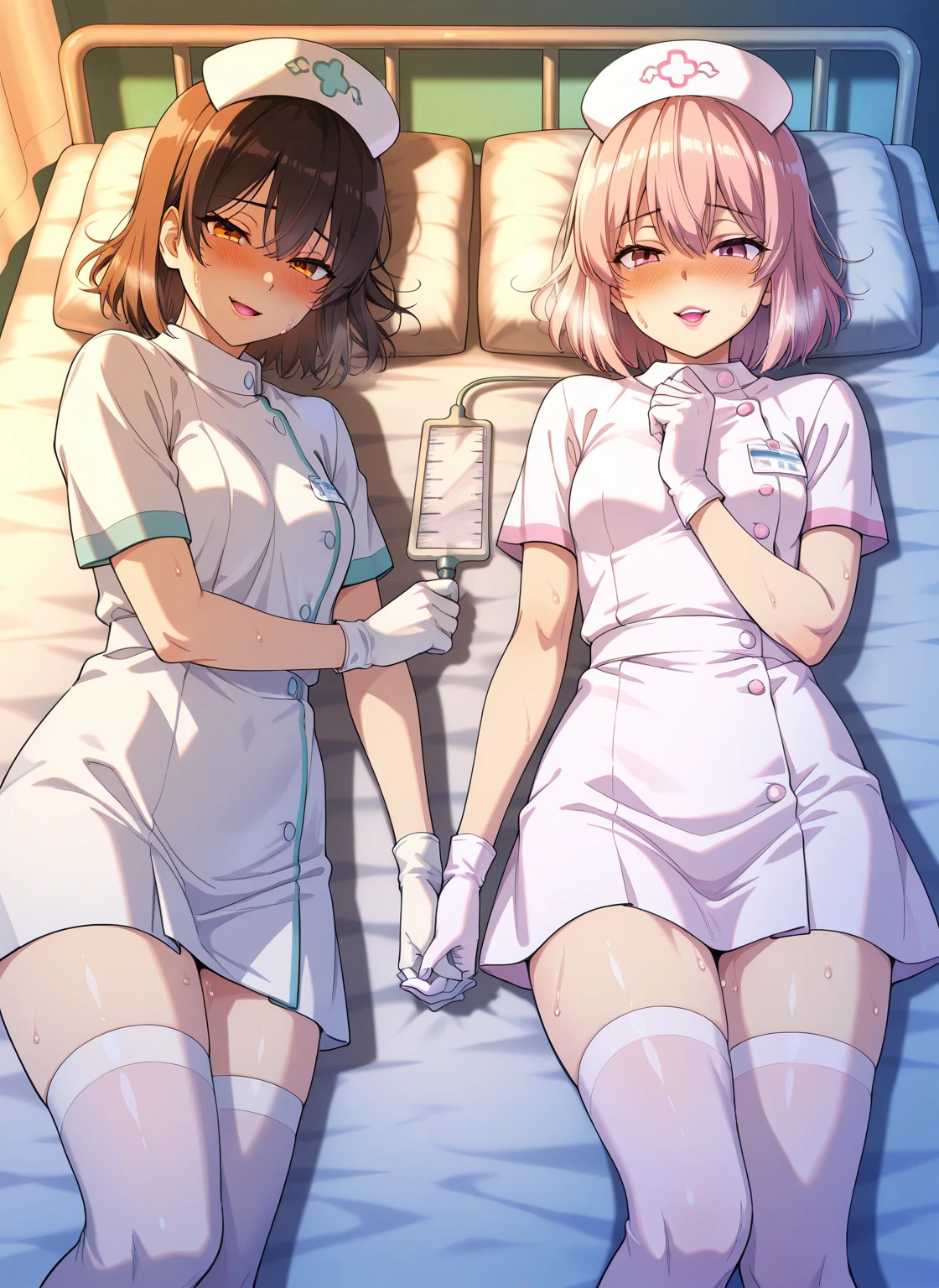 1 girl, pastel colours, brown-hair, violet eyes, hair up to the shoulders, elf ears, Cyberpunk clothes, nurse costume, skinny waist, Happy smile with long tongue sticking out, Long tongue, little chest, small girl, Hospital bed, Sits