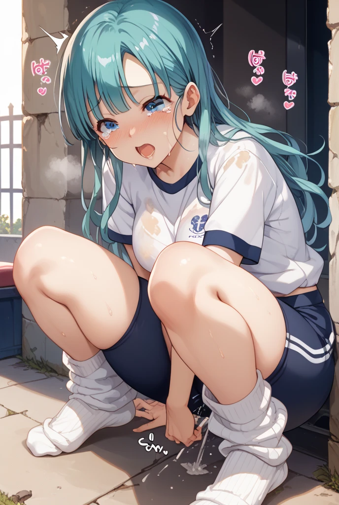 soccer court、half-naked soccer player、wearing a uniform、low length、big breasts、(((Pissing)))white breath{spread pussy, uterus} rainbow colored hair、blue eyes、{{Her pussy hole is widened and her uterus is visible.}}Sweaty'(((Unstoppable urine dripping from the vagina)))、drooling、Her pussy is so meaty、Filled view from the front 8K、masterplece {{White liquid is dripping vigorously from her pussy.}}masterpiece