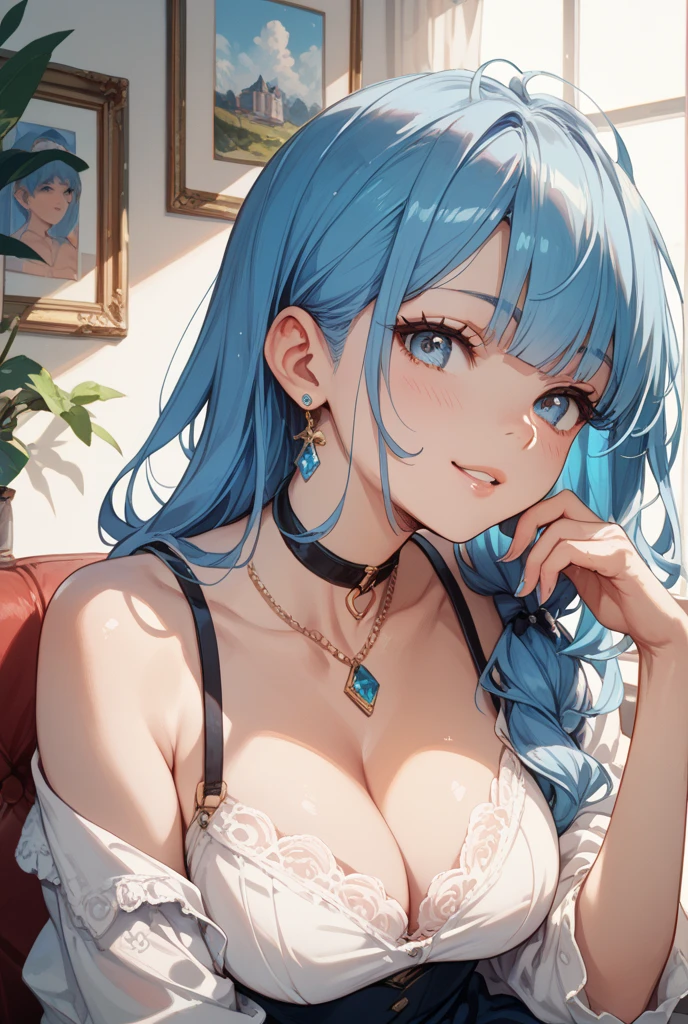 1girl, bluenette hair, rich, lingerie shopping, clothes