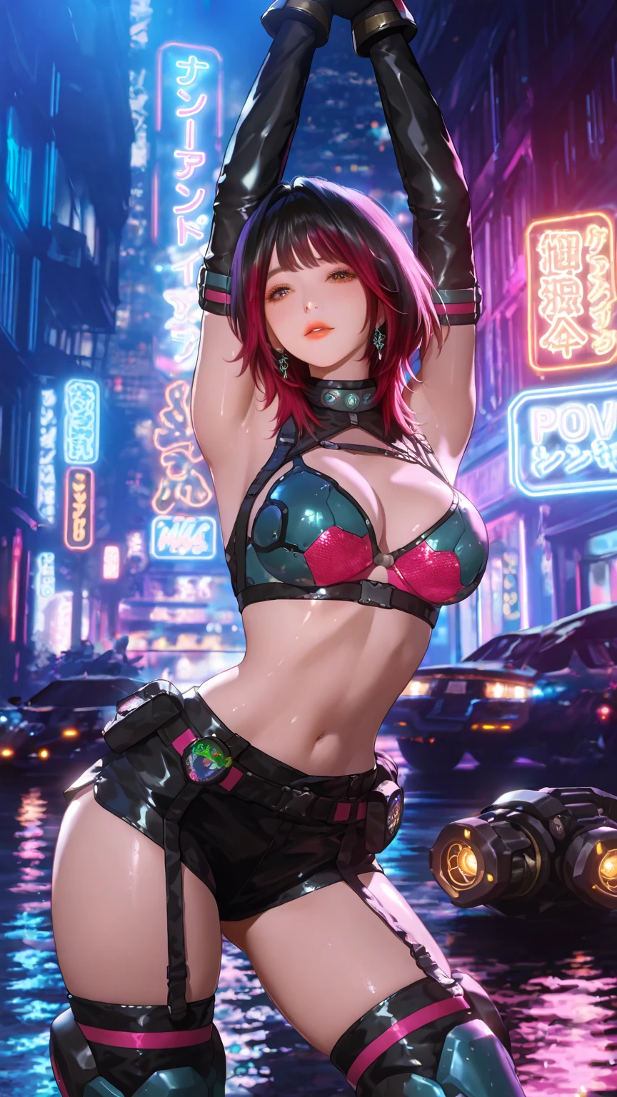 Beautiful girl, smile, cyberpunk, ponytail, bust up, hair ornament, open chest clothes, pants, glossy skin, medium breasts, cleavage, poses that show off cleavage, sexy