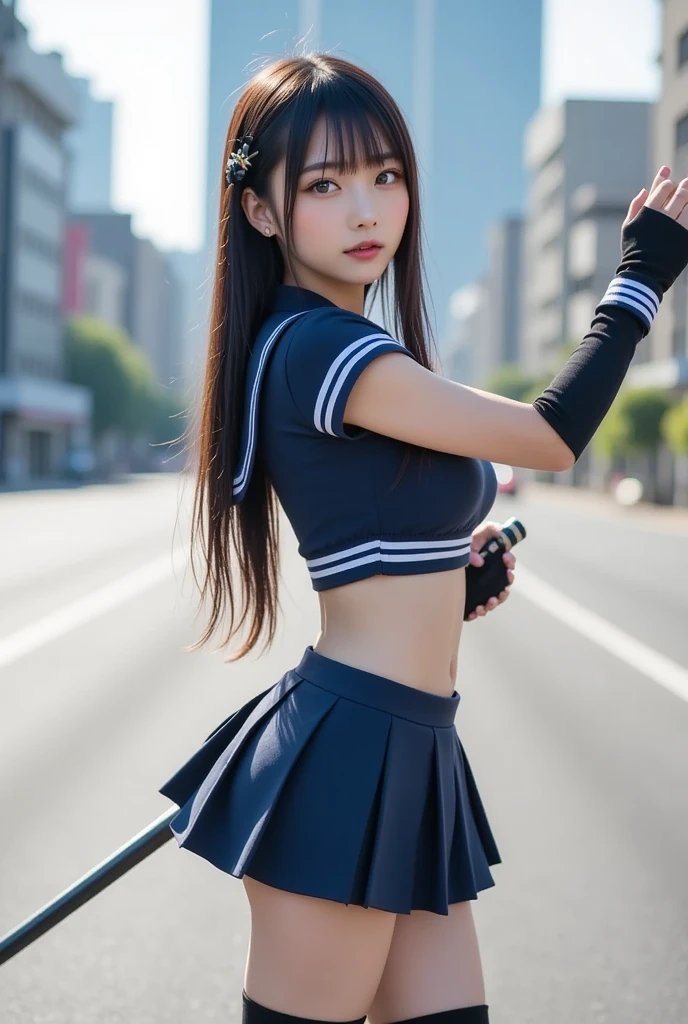 （8K、Raw photography、Highest quality、masterpiece：1.2),(Black Hair、Dark Eyes:1.9),(High school girls、school uniform:1.6)、View your audience,Viewed from the front,White skin,(ponytail:1.3)、(Tight waist:1.6)、(Clothes that accentuate the shape of the breasts:1.0)、(Big Breasts :1.3)、Slim figure、Ultra-high resolution,beautiful,beautiful fece,(One person、No background:1.9),whole bodyボディー,Japanese women,（reality的：1.37）、Photon Mapping,reality、(Baby-faced and cute: 1.2)、(Cute Smile: 1.8)、(Round face: 1.8)、Radio City、Physically Based Rendering、Depth of field rally background、photograph, (I can see your knees、Thigh close-up:1.8),（:1.6）,whole body、Great quality