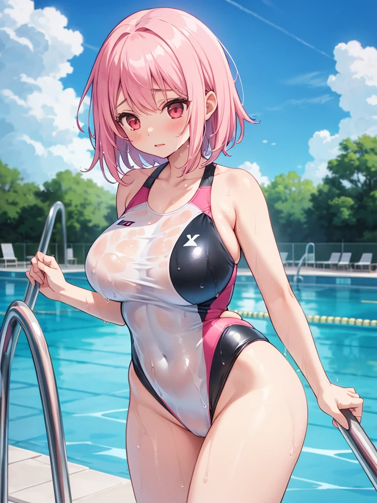 ((Masterpiece)),((high resolution)),((Best Quality)),Anime illustration,(((1girl))),,(wavy hair),(short hair),(pale pink hair color),small ponytail,Red eyes,(Big round eyes),((tareme)),15 years old,((loli face)),((very big breasts)),Short stature,,one-piece swimsuit,smile,Ladylike,Pool,