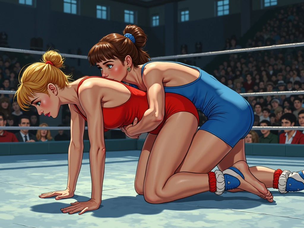 Master piece, best high quality image, carefully detailed details and textures, alone character, full view, HD, high resolution
{{(1character: 50 years old brown haired human woman noble: (fair skin, short straight brown hair, beautiful blue eyes, beautiful face, sharp eyebrows, voluptuous figure, big breasts, beautiful legs), (green headband, pale-green one-piece wrestler leotard, cleavage, green arm sleeves, dark-green fingerless gloves, green long wrestler boots, pale-green knee pads, pale-green elbow pads, short blue cloak), (very tired, defeated, frustrated, fallen on the wrestling ring mat, breathing tired, sweating, recovering herself, pain), (wrestling ring, night show, wrestling aftermath, pinfall))}}