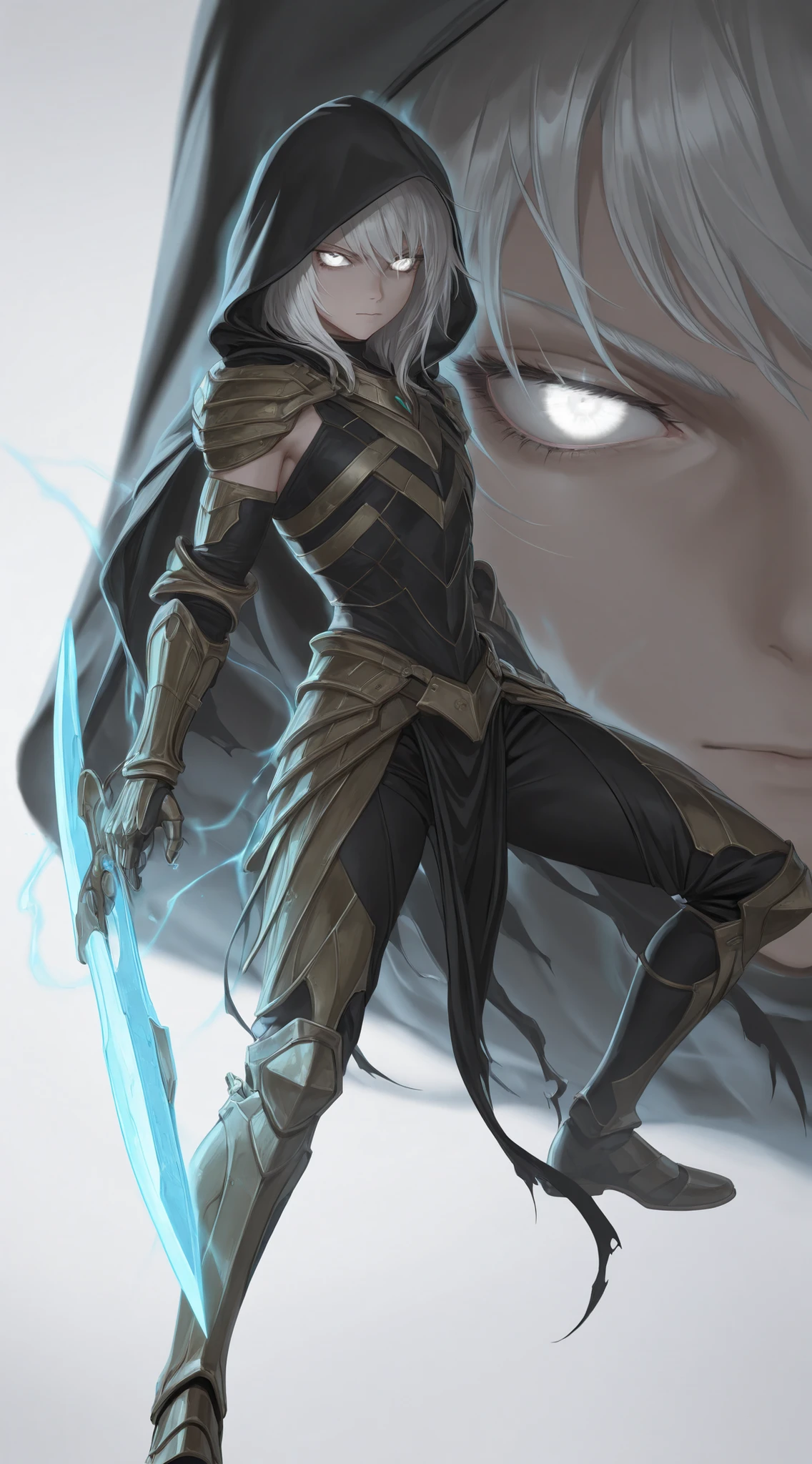 edgNanosuit, science fiction,(face focus, close up shot:1.22), dynamic pose, three quarter shot, mature, flat chest, femboy, (1girl:0.75), solo, effeminate, tomboy, masterpiece, best quality, amazing quality, very aesthetic, high resolution, ultra-detailed, (soft shading, soft shadows, volumetric light:1.14), dramatic lighting, absurdres, (astolfo:0.25), white hair, medium hair, glowing white eyes, protoss, hierarch armour, glare, wristblade, gauntlet, aura, greek clothes, exposed shoulders, rage, Grim Reaper, Grim, hooded cloak,