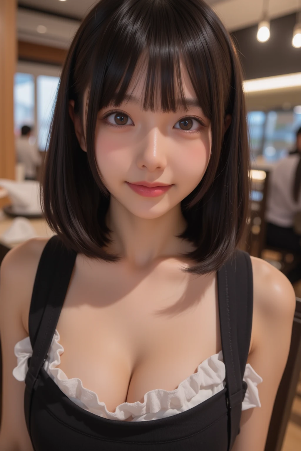 ８K、Girl in short ponytail lying at a restaurant table in formal suit,  Clear eyes, Perfect body,  (looking down to viewer:0.8), (pureerosface_v1:0.2), Detached sleeves,   1girl in, Shiny skin, (masutepiece;1.0), (Photorealistic:1.4), ssmile、flat body、Slimed、cute little、Elementary school face