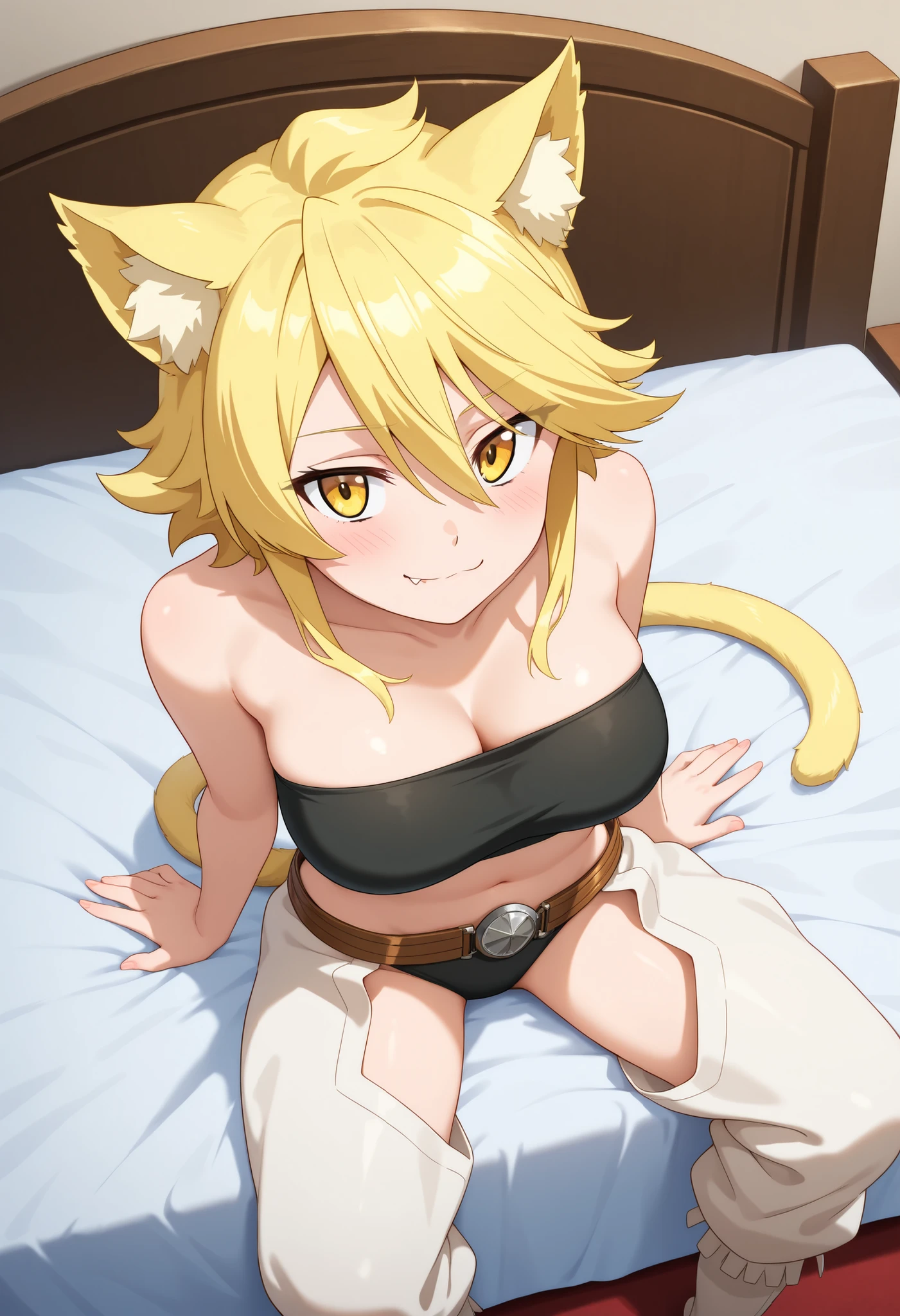 best quality, masterpiece, 1girl, aaleone, short hair, blonde hair, yellow eyes, fang, tail, strapless, black tube top, midriff, belt, black panties, chaps, white pants, lay on bed, cute face expression, seductive pose