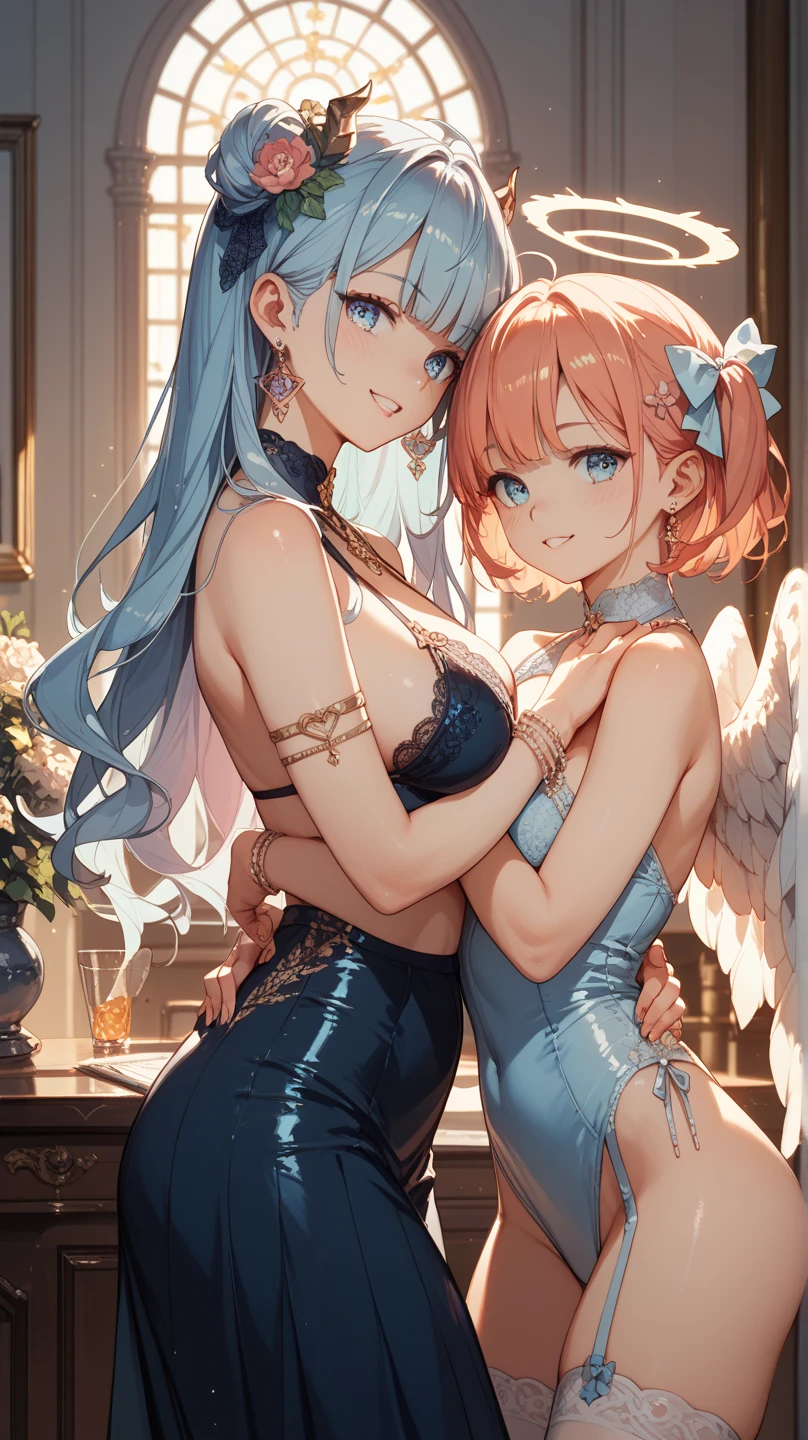 Fallen Angel a blond Gyuru daggers The Darkness young Naughty Poses cute little tits out friendly Blue hair masterpiece 16K Angel Ring