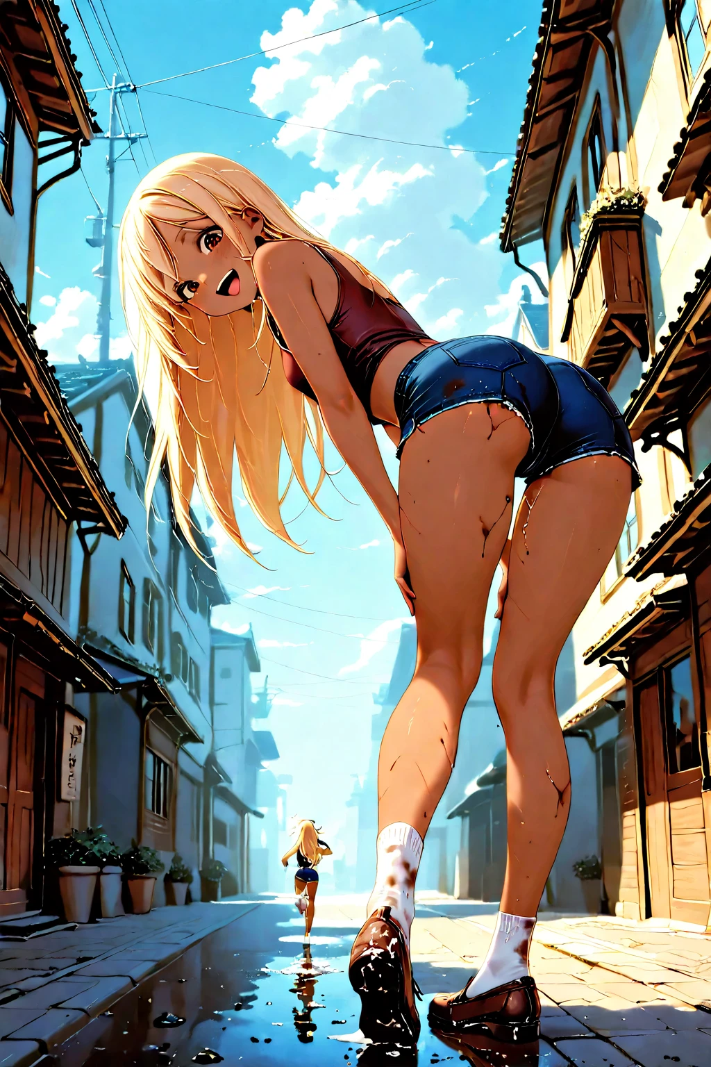 1girl, (Angle from below)、((On the balcony)), show off her breasts, (Blonde), (Tanned shiny Brown skin:1.3)、Glowing Eyes, ((evil grin)), (5 years old girl), Multicolored Hair、Cap, pink rip, ((((Long sleeveless shirt)), No bra、covered nipples, Sheer miniskirt、((Panties with horizontal stripes)), (small breasts), (jewelry))), ((close up penis)), ((The girl is wearing sneakers)), The girl has her legs on the man、Showing off her panties and making a man masturbate、A man masturbating under a girl&#39;s feet、1boy, penis, (the boy is masturbation under the girl), eject cum:1.3、
