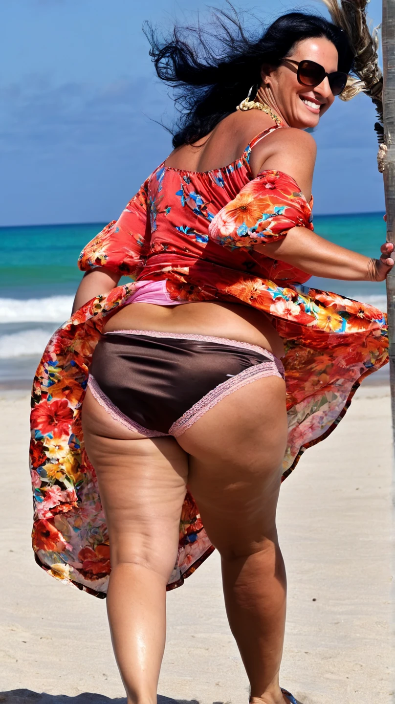 there  a woman walking on the beach with an umbrella, mermaid body, waist - shot, tinyest midriff ever, middle shot waist up, close up half body shot, hand on ????, visible belly, hand on hip, modeled in poser, mermaid in distance, zoomed out full body, exposed midriff, half body cropping, untextured