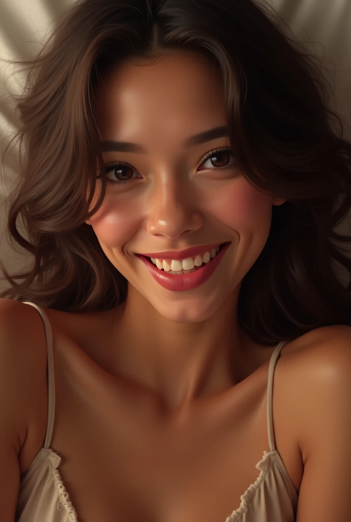 Haute qualité, une fille brunne super réaliste  de beaux cheveux brun, un sourire mignon, elle est dans son lit dans une chambre super réaliste, faites en sorte que l'image donne l'impression que la fille a pris un selfie, rendez la chambre réaliste et confortable avec une décoration mignonne et quelques plantes réalistes. 