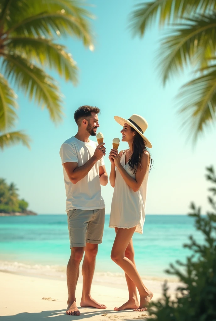 Realistic Man and Girlfriend 25-35 years old, On the Caribbean beach, black hair, brown eyes, eating acai , with friends Ultra HD, high qualiy, best qualityer, high resolution, 8k, 16K