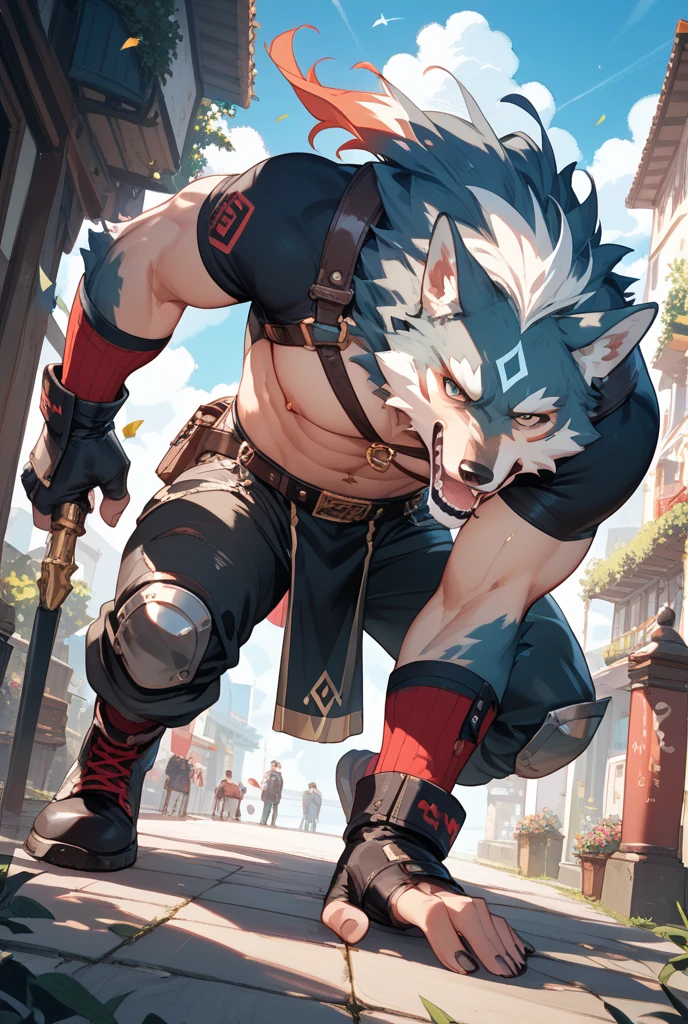male, furry, anthro, solo, white fur, red eyes, (Realistic eye details 1.2), urbansamuraiwear, abs, Masterpiece, dramatic lighting, soft lighting, day, highly detail, Hair coiled, detail fur, perfect body