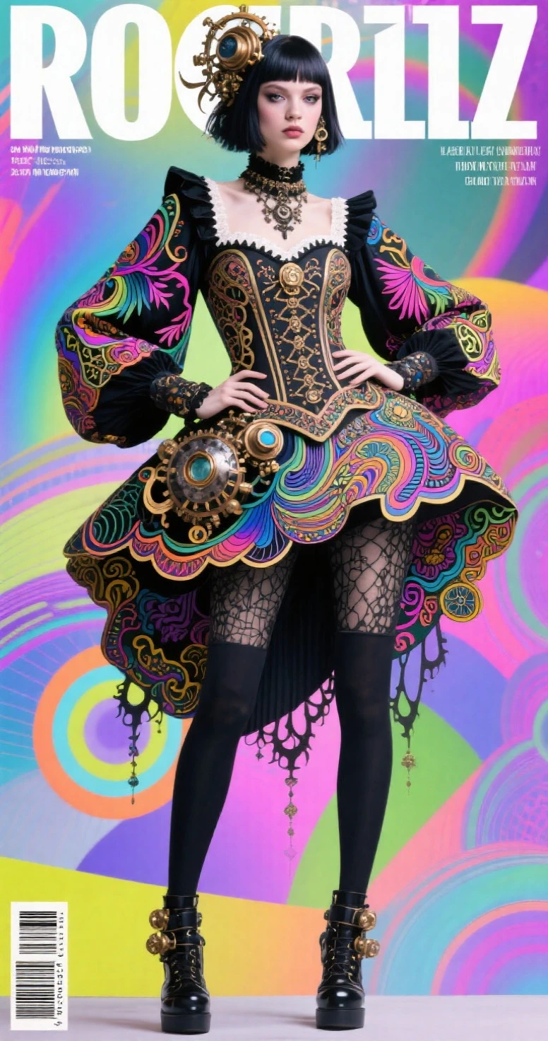 weird fashion, clothing grass broken, full body, sbider rainbow, broken,reflection view,girl face, chinese dress,black mirror hat, feature wind,looking at viewer, realistic,ree, scenery, sunset, reflection, water, outdoors, sun, sky, lake, nature, river, landscape, cloud  <lora:weirdfashion:1>