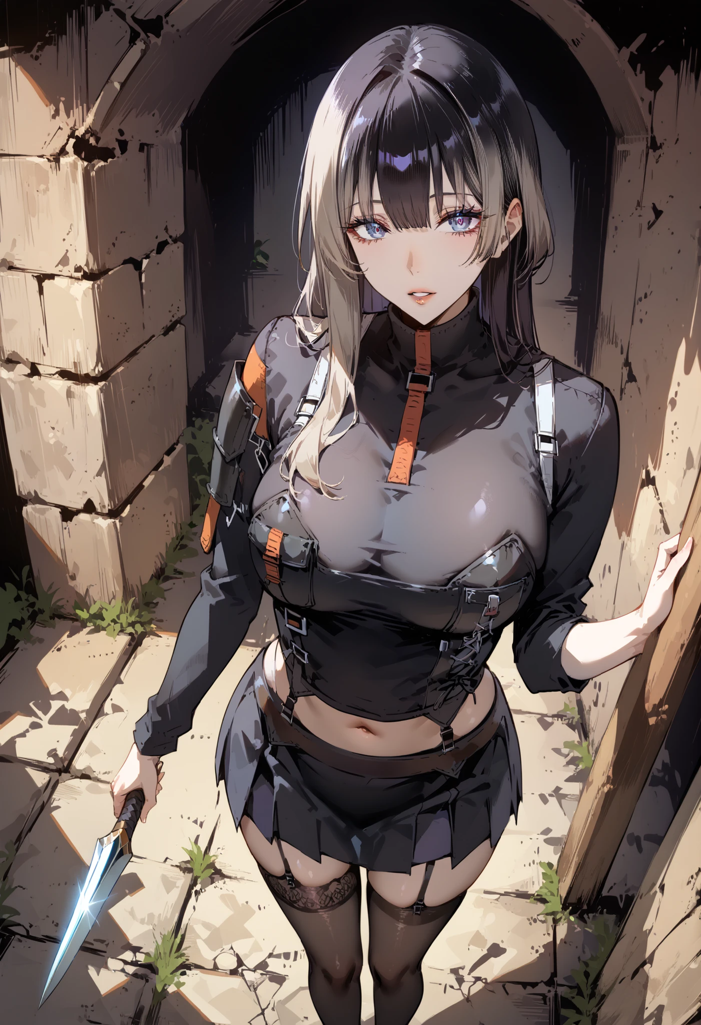 ((((hands tied behind)))), ((turn your arms behind your back)), brown rope, bondage, ((((close one eye)))), ((winking)), angry, ((blush)), ((it hurts)), (((frown))), frown, (((Sweat))), blush, origen, 1 girl, alone, skirt, it hurts, blush, black thighs, closed mouth, The same thigh, (wariza), ((sitting on the floor)), light green eyes, concrete floor, concrete wall, underground, underground, indoors, blush, black skirt, gloves, looking at the viewer, (black skirt), green coat, hair between eyes, black stockings, bangs, short hair, surreal, very detailed, detailed face, very detailedテクスチャ, clavicle,